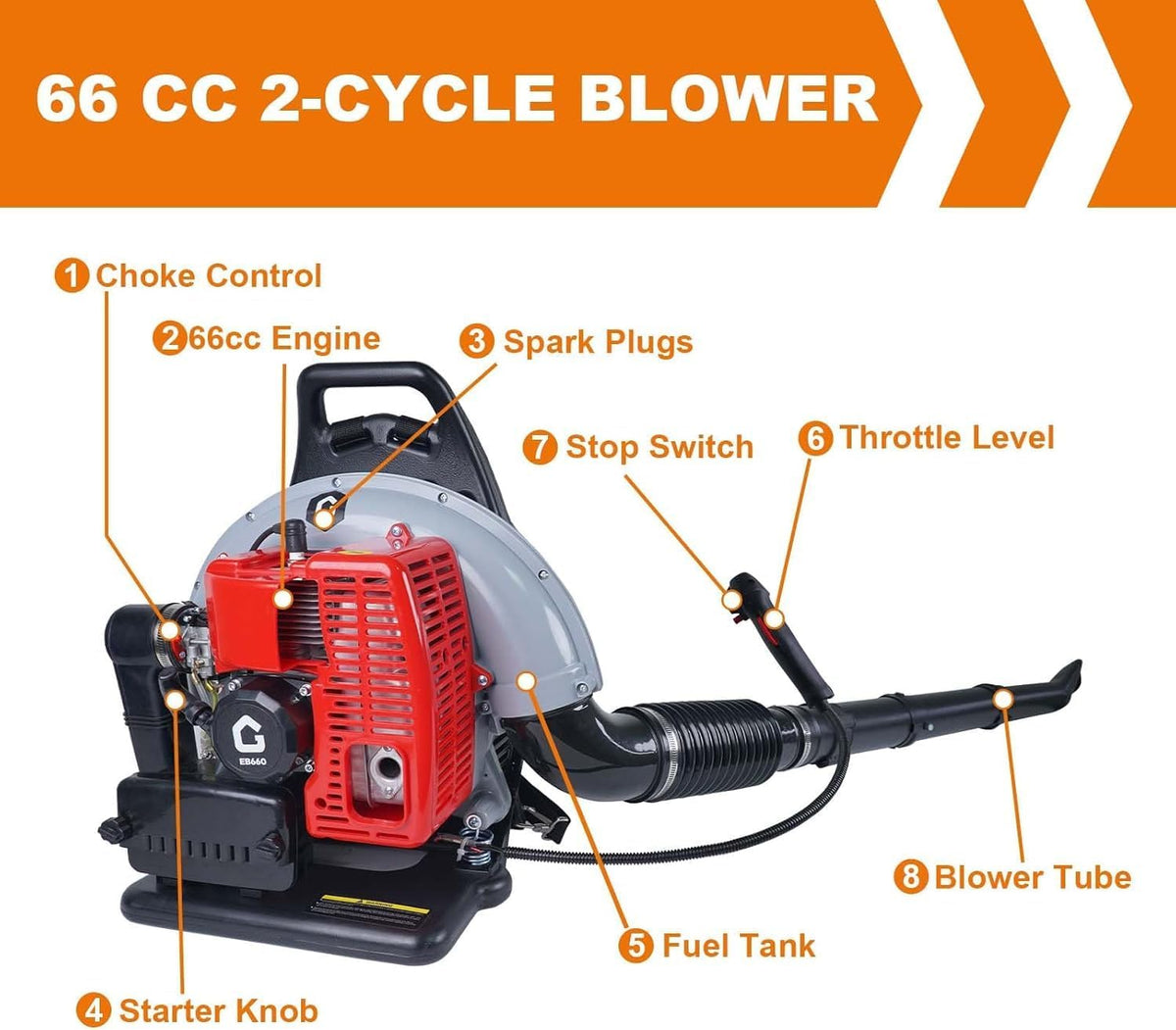 Riedhoff Gas Leaf Blower with Gas Backpack, 66CC 4.0 HP, 880 CFM, 320 mph, Red