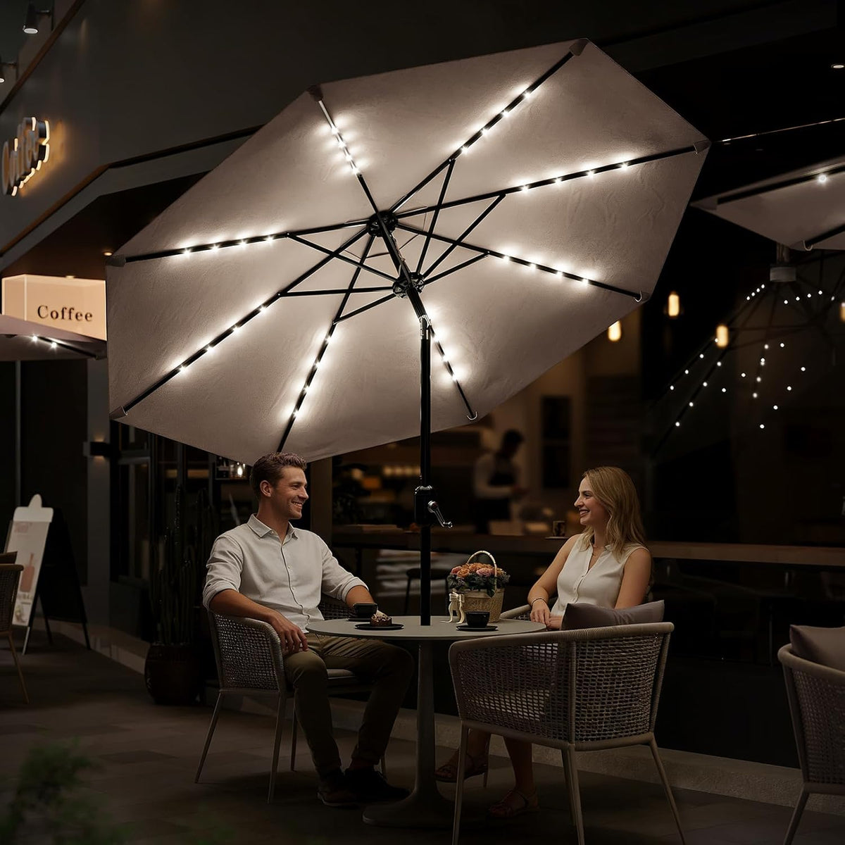 Riedhoff 9 feet Patio Umbrella with 32 LED Solar Lights, 8 Ribs, Tilt Crank