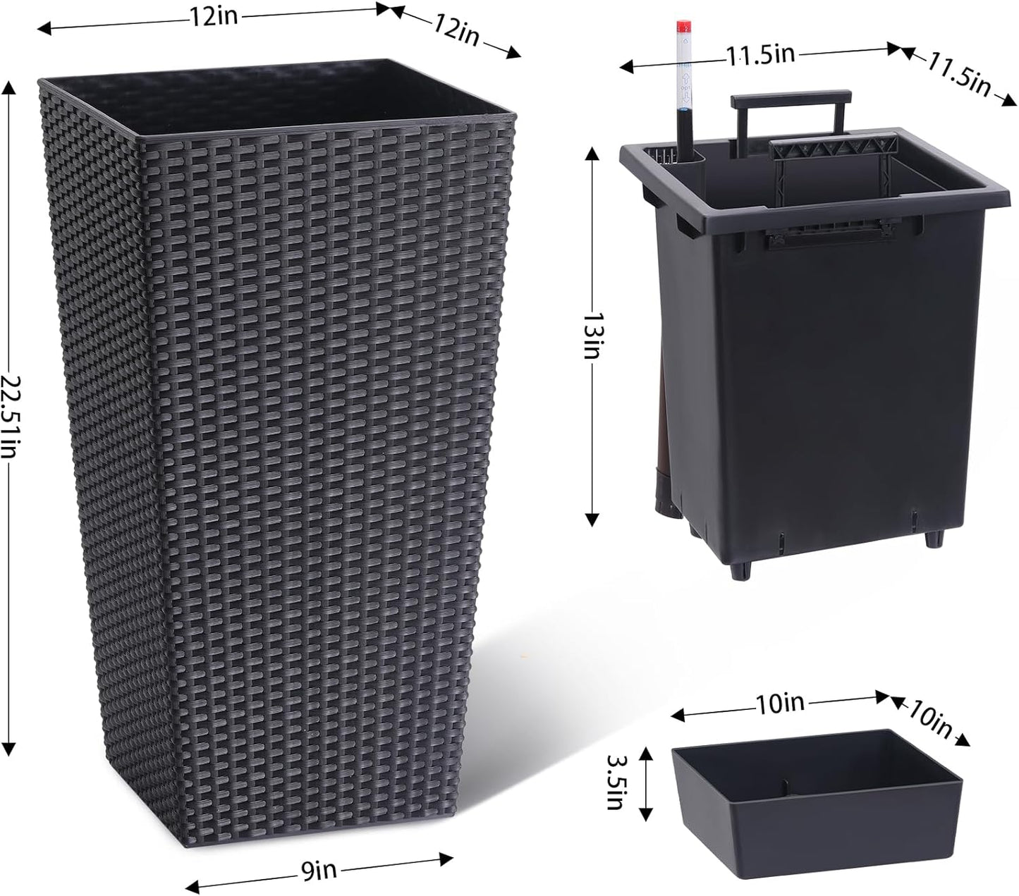 Garvee 22.5" Tall Planter Pots Set of 2, Rattan style, 2 Trays, Water Level Monitor, Wheels, Black