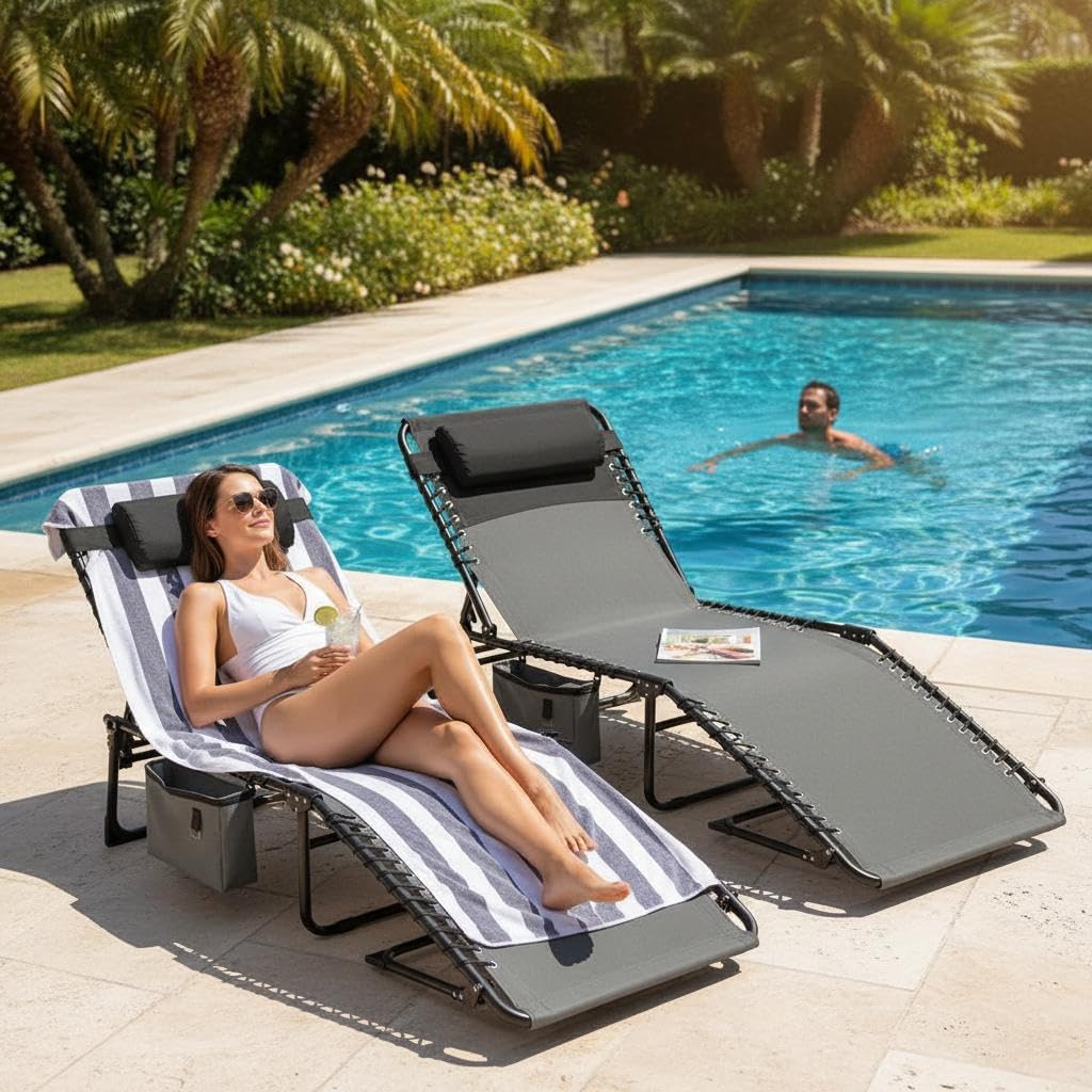 Garvee Outdoor Chaise Lounges, 5 Position Adjustable, Carrying Handle & Side Pocket, Removable Pillow