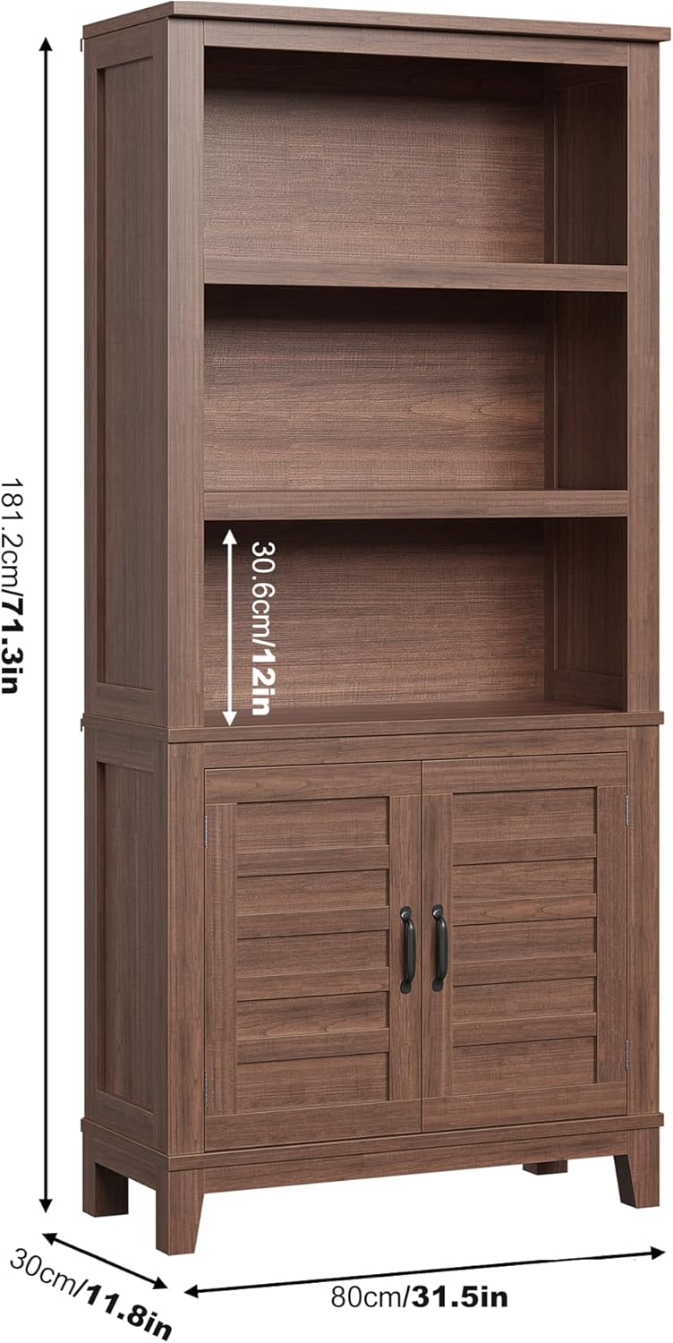 Garvee 5 Tier Farmhouse Bookcase 31.5 x 11.8 x 71.3", 2 Doors & 3 Adjustable Shelf, Brown