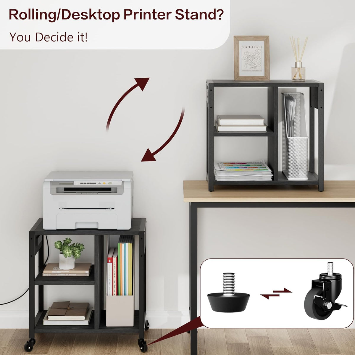 Garvee Rolling Printer Table, 3 Tiers, 17.3 x 11.8 x 18.1", with Lockable Wheels & Power Outlets