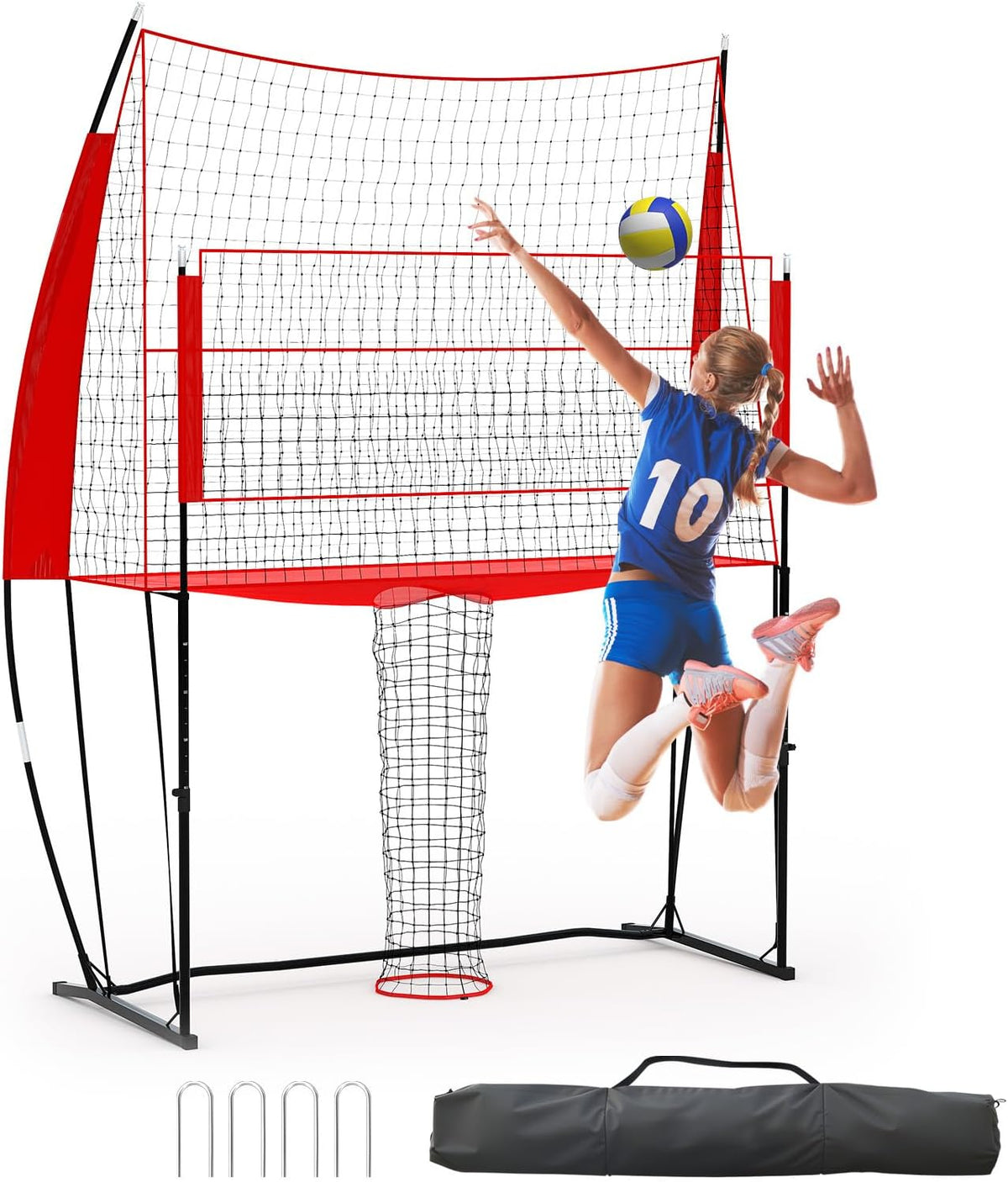 Riedhoff Volleyball Training Net System, Height Adjustable, 8.1 x 11 ft, with Carry Bag, Red