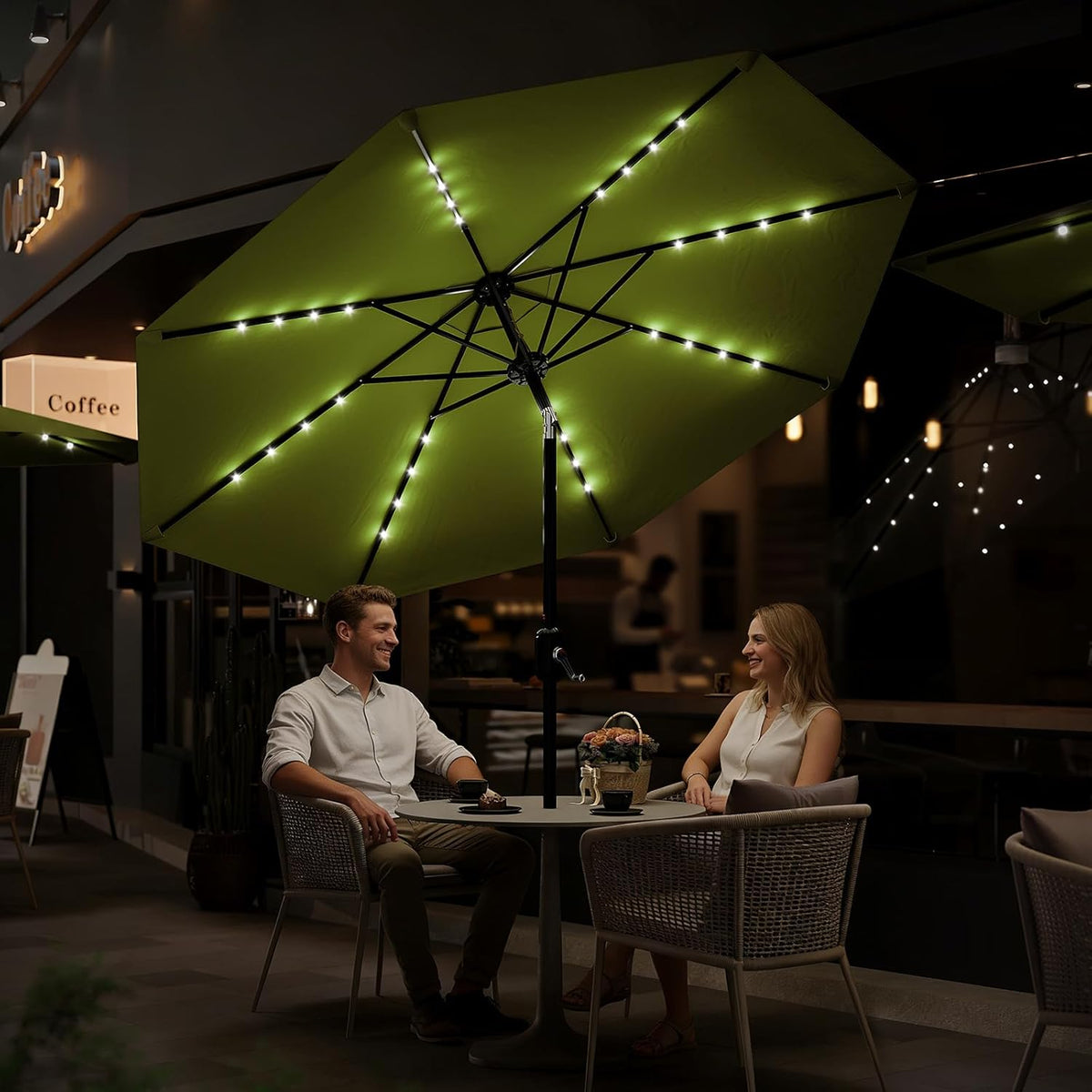 Riedhoff 9 feet Patio Umbrella with 32 LED Solar Lights, 8 Ribs, Tilt Crank