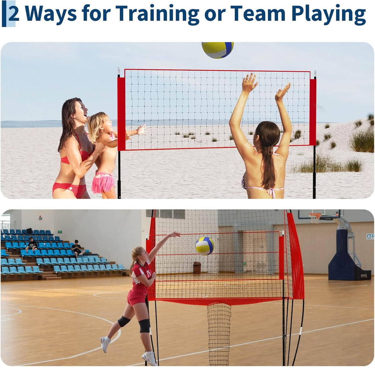 Riedhoff Volleyball Training Net System, Height Adjustable, 8.1 x 11 ft, with Carry Bag, Red