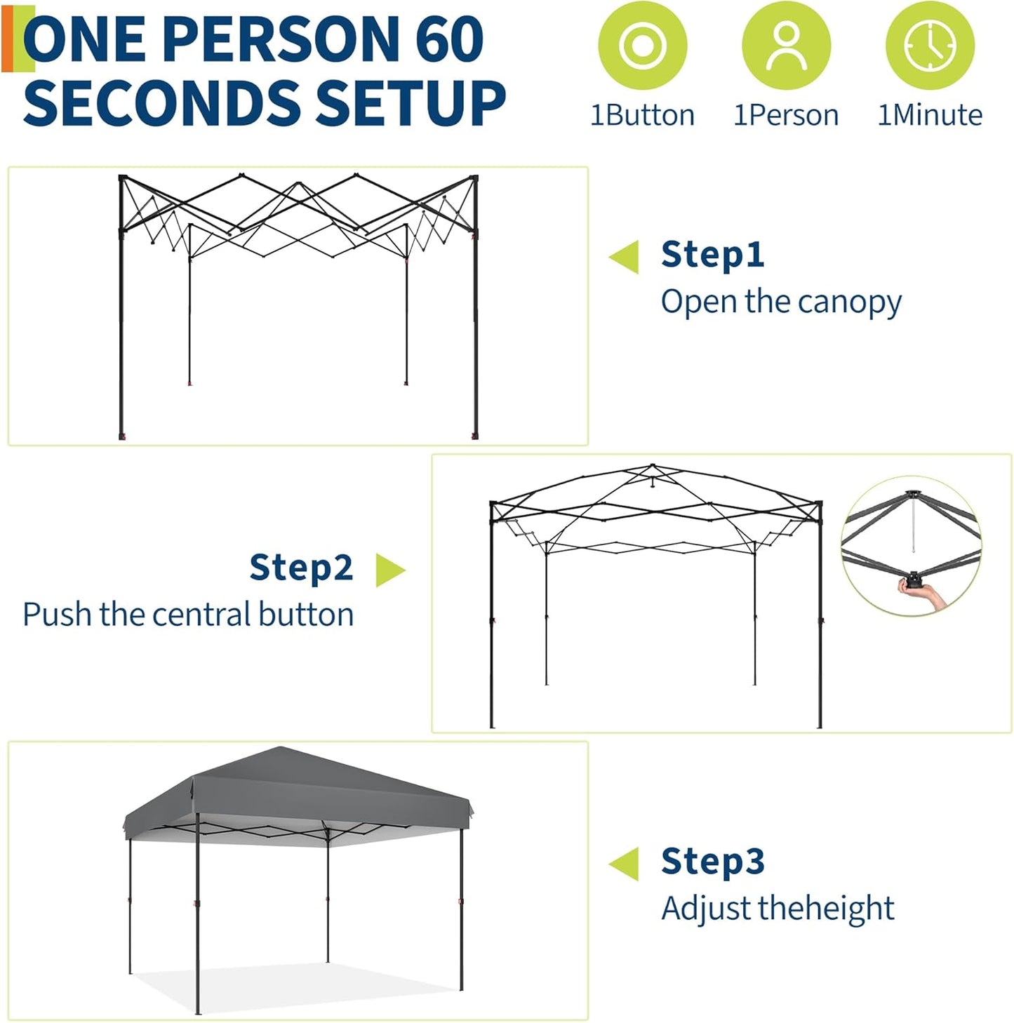 Garvee 10 x 10 Ft Pop-up Canopy, One Button Push Setup, Heavy Duty, Portable Roller Bag
