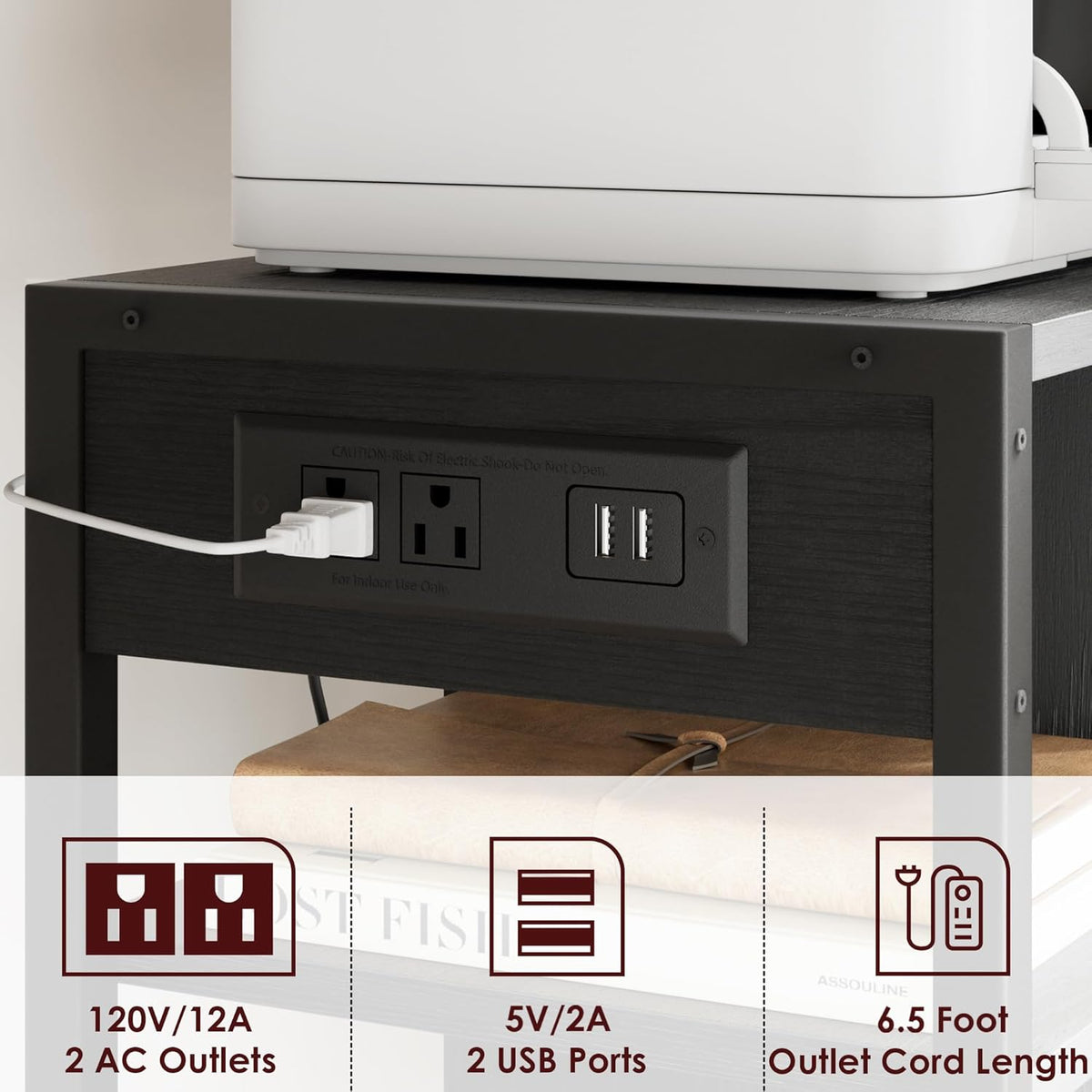 Garvee Rolling Printer Table, 3 Tiers, 17.3 x 11.8 x 18.1", with Lockable Wheels & Power Outlets