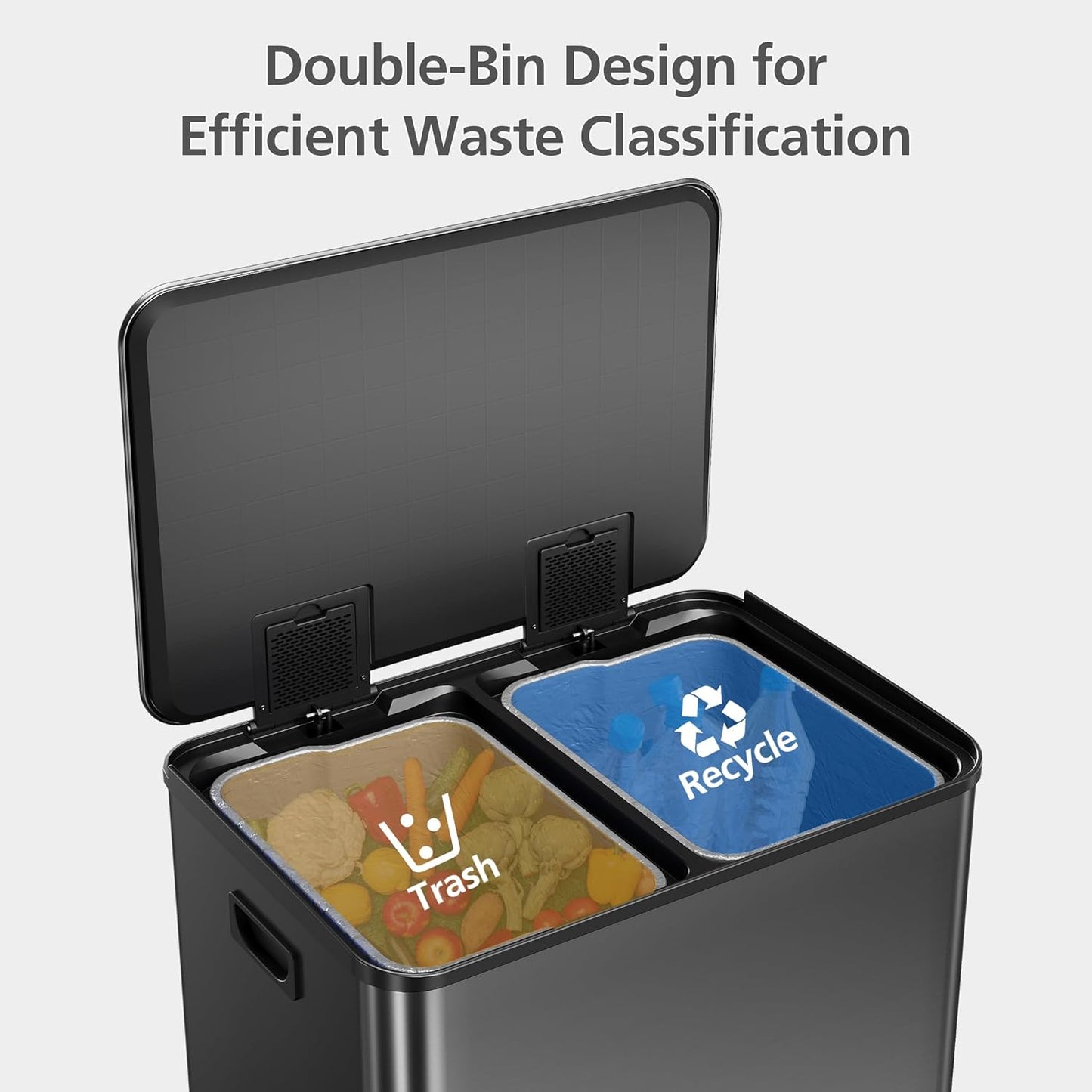 Goldensoil 2 x 8 Gallon Stainless Steel Double Trash Can, Step-on Garbage Bin, Black