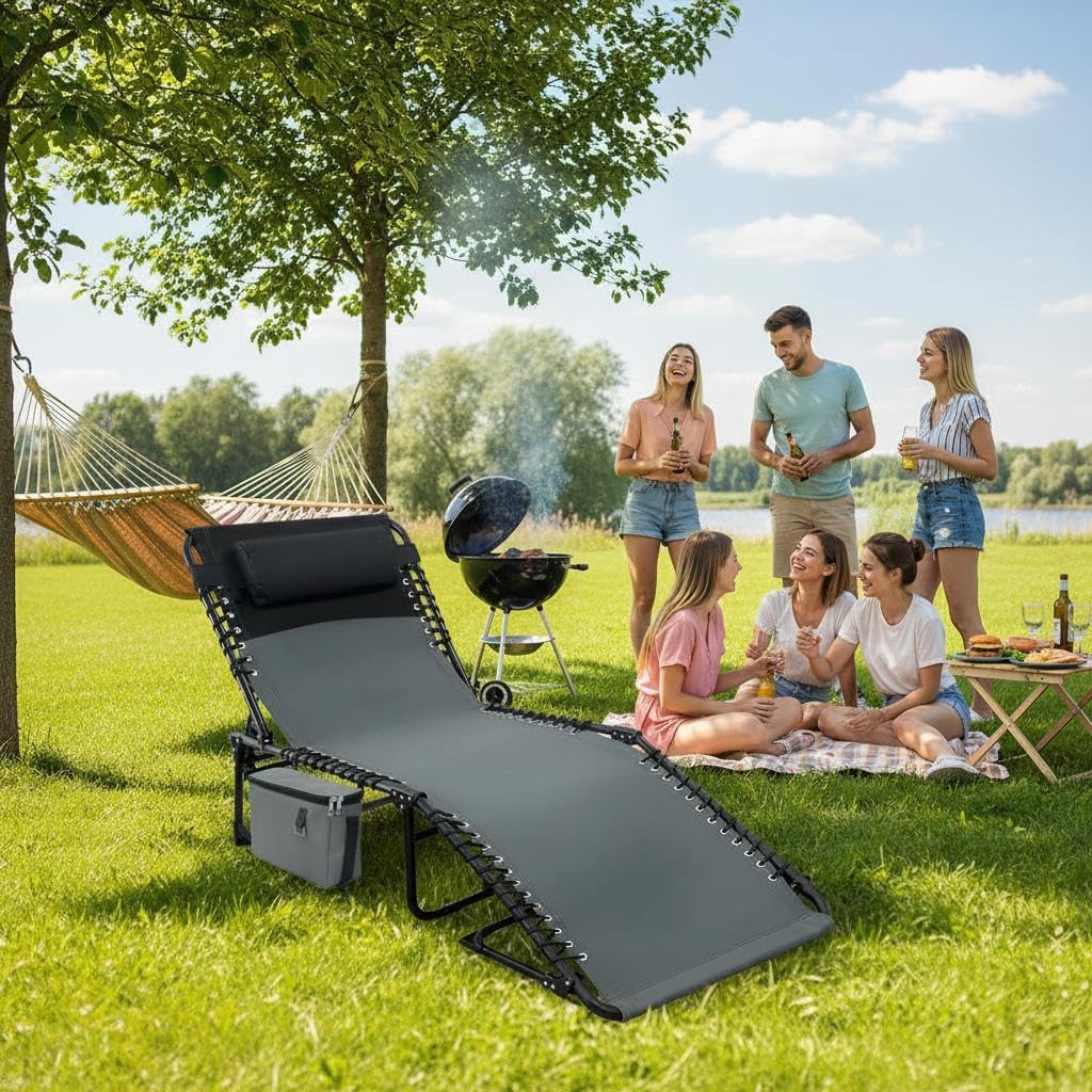 Garvee Outdoor Chaise Lounges, 5 Position Adjustable, Carrying Handle & Side Pocket, Removable Pillow