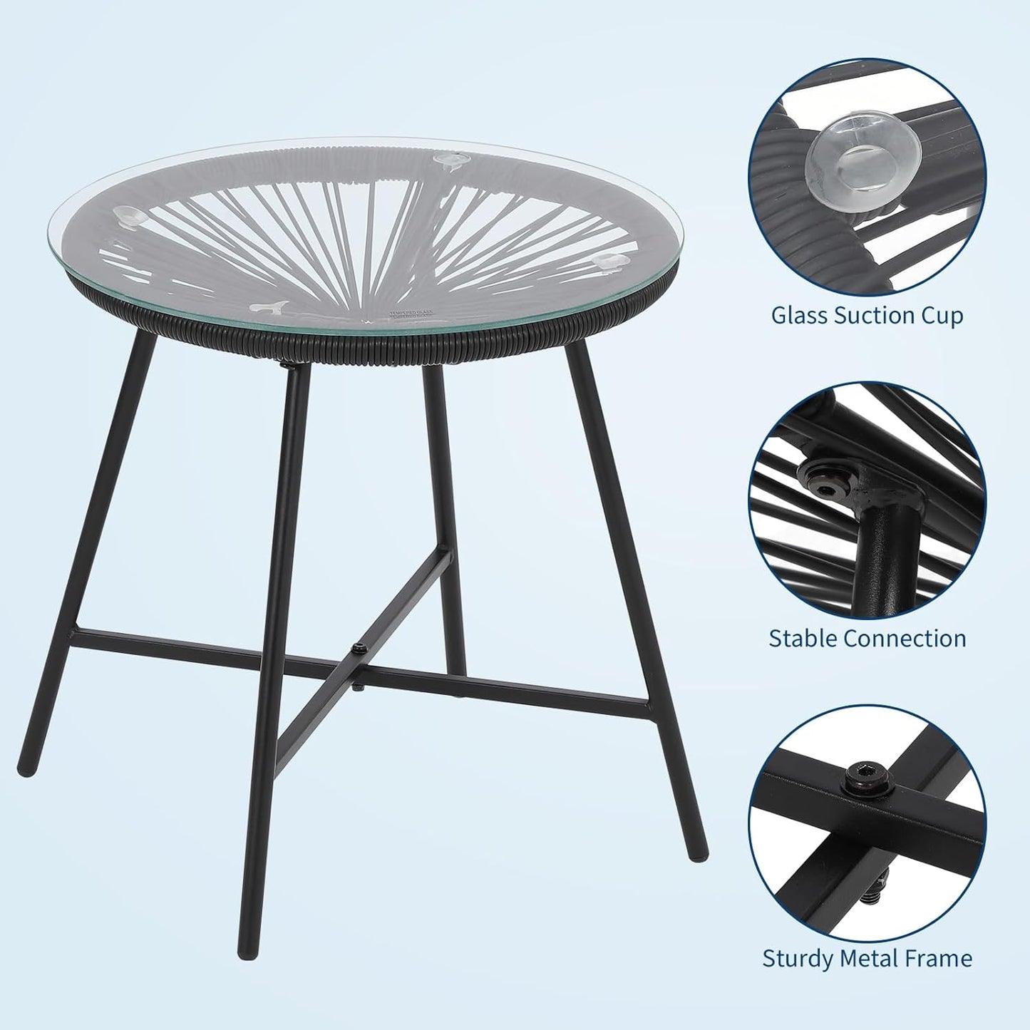 Garvee 3 Piece Patio Bistro Set, Acapulco Chairs with Cushions & Glass Top Side Table, Black