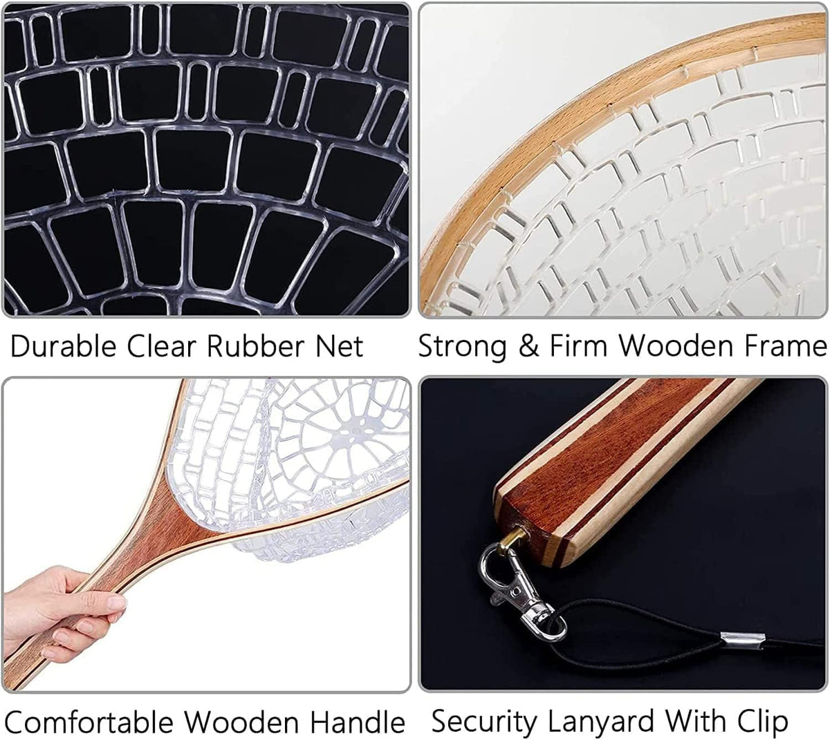 Riedhoff Wooden Handle Fly Fishing Net, with Durable Clear Rubber Net, 24" x 11" x 10"