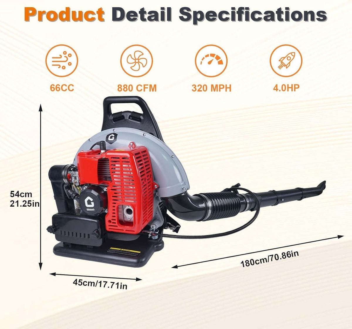 Riedhoff Gas Leaf Blower with Gas Backpack, 66CC 4.0 HP, 880 CFM, 320 mph, Red