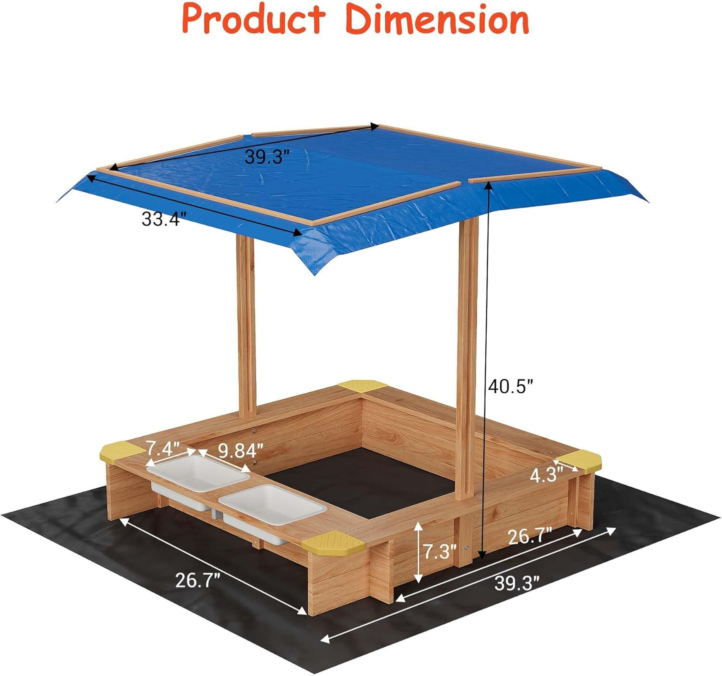 Garvee Kids Wooden Sandbox With 2 Plastic Boxes, Adjustable Canopy, Bottom Liner, 39.3 x 26.7"