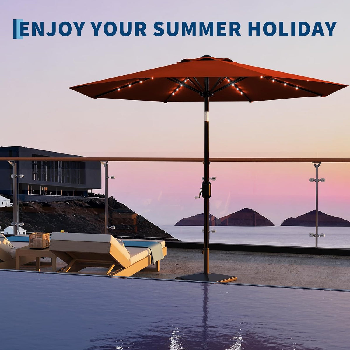 Riedhoff 9 feet Patio Umbrella with 32 LED Solar Lights, 8 Ribs, Tilt Crank