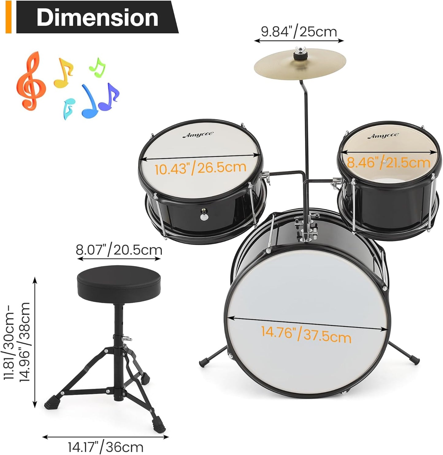 Garvee 3 Piece Beginner Drum Set for Kids Juniors, with Drum Sticks & Drum Throne Seat