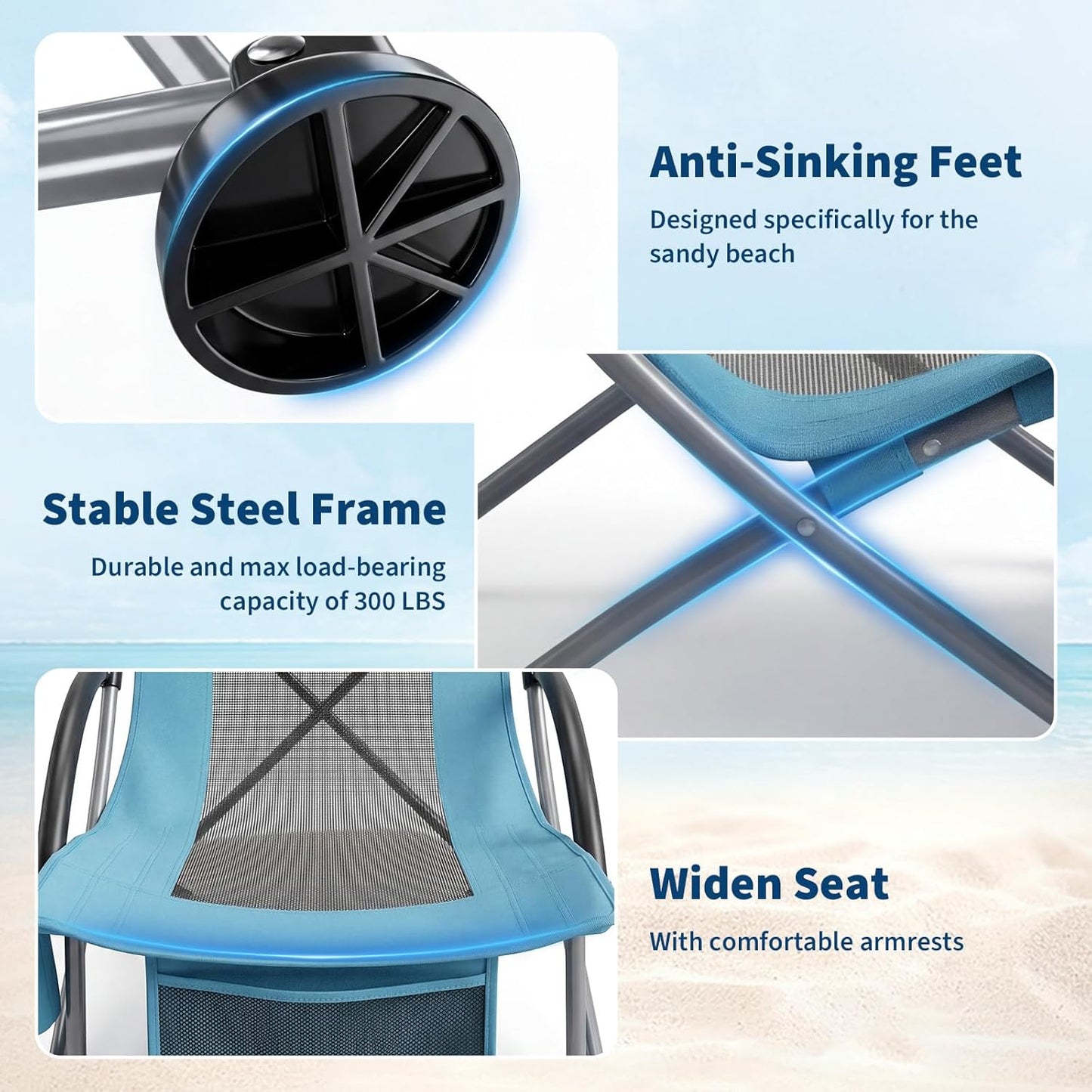 Garvee High Back Beach Chair, 28.2 x 23.5 x 32.3" with Cup Holder & Storage Pocket, Blue