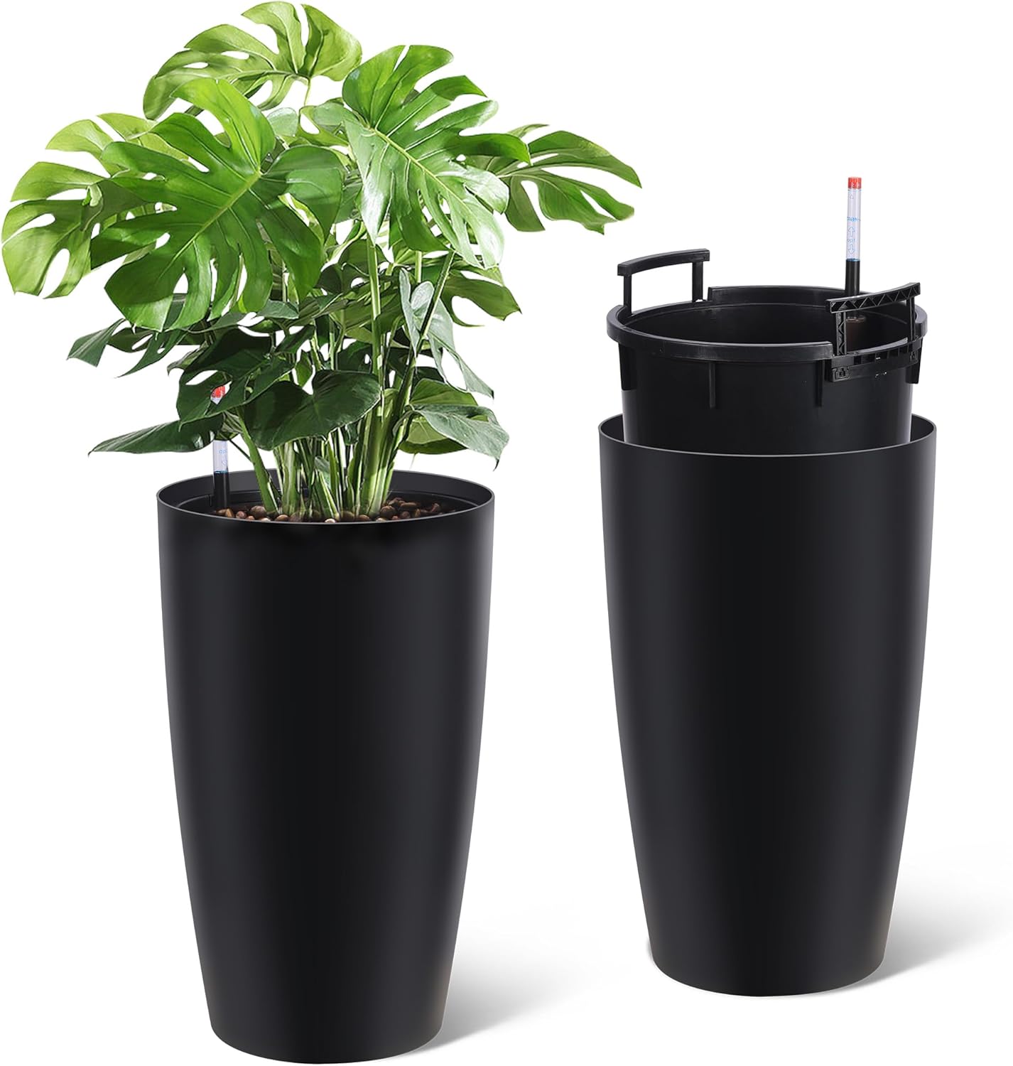 Riedhoff 21.5" Tall Round Planter Pots with Water Level Monitor, Self-Watering, 2 Count