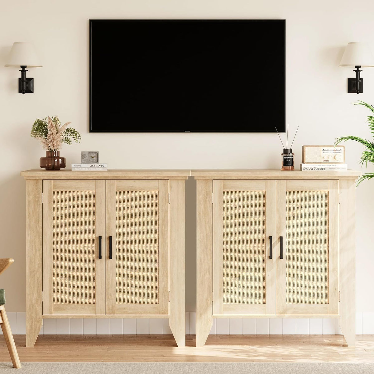 Garvee Rattan Sideboard Buffet Cabinet, 30 x 15.8 x 31.5", with Doors & Shelves, Oak