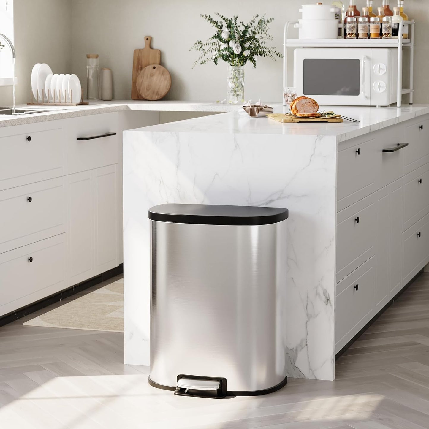 Goldensoil D Shape 13.2 Gallon Kitchen Stainless Steel Step-0n Trash Can,Silver