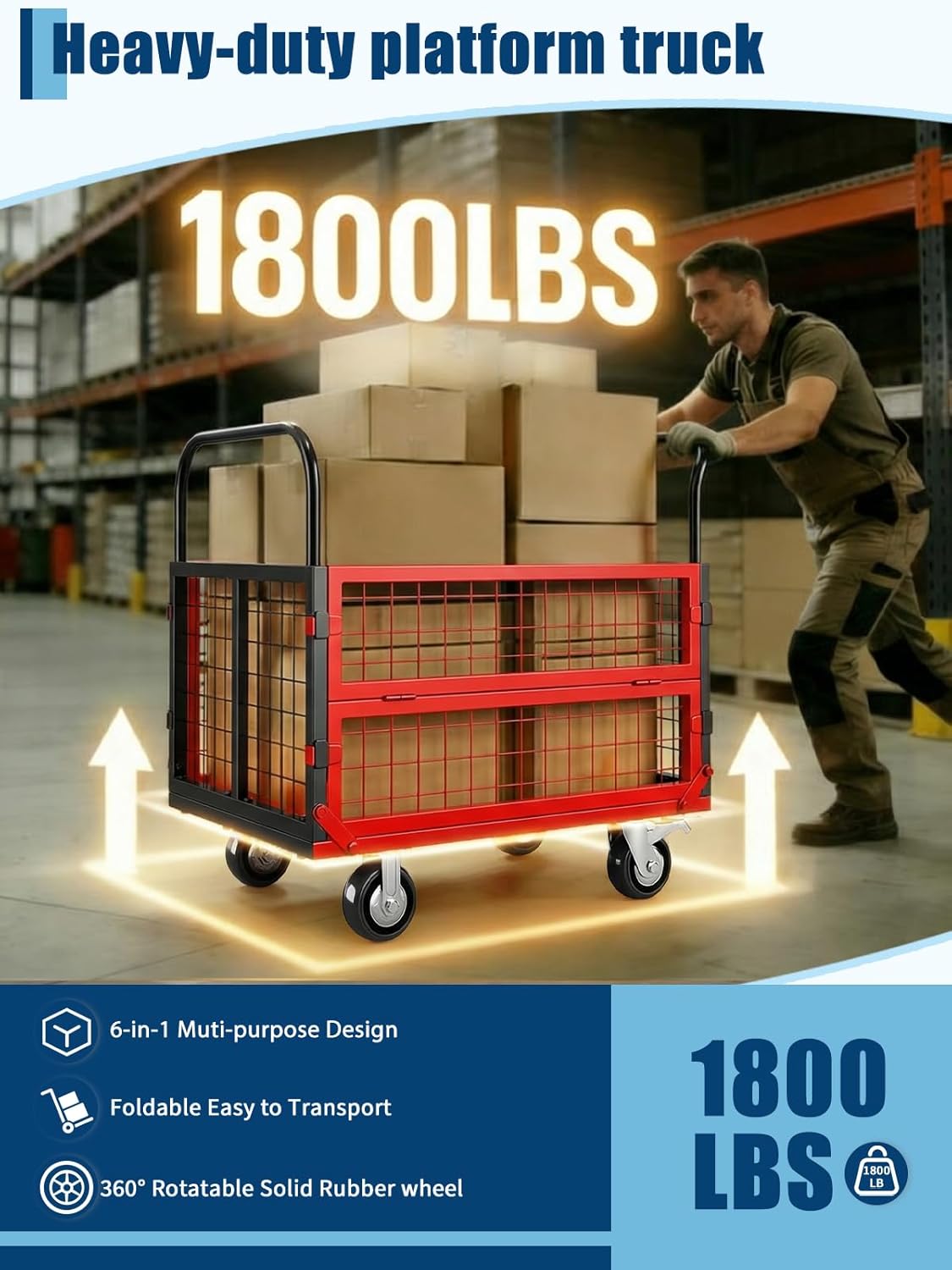 Garvee Foldable Platform Truck Cart, 39 x 26 x 42", with Cage Platform Truck,1800 lbs Max