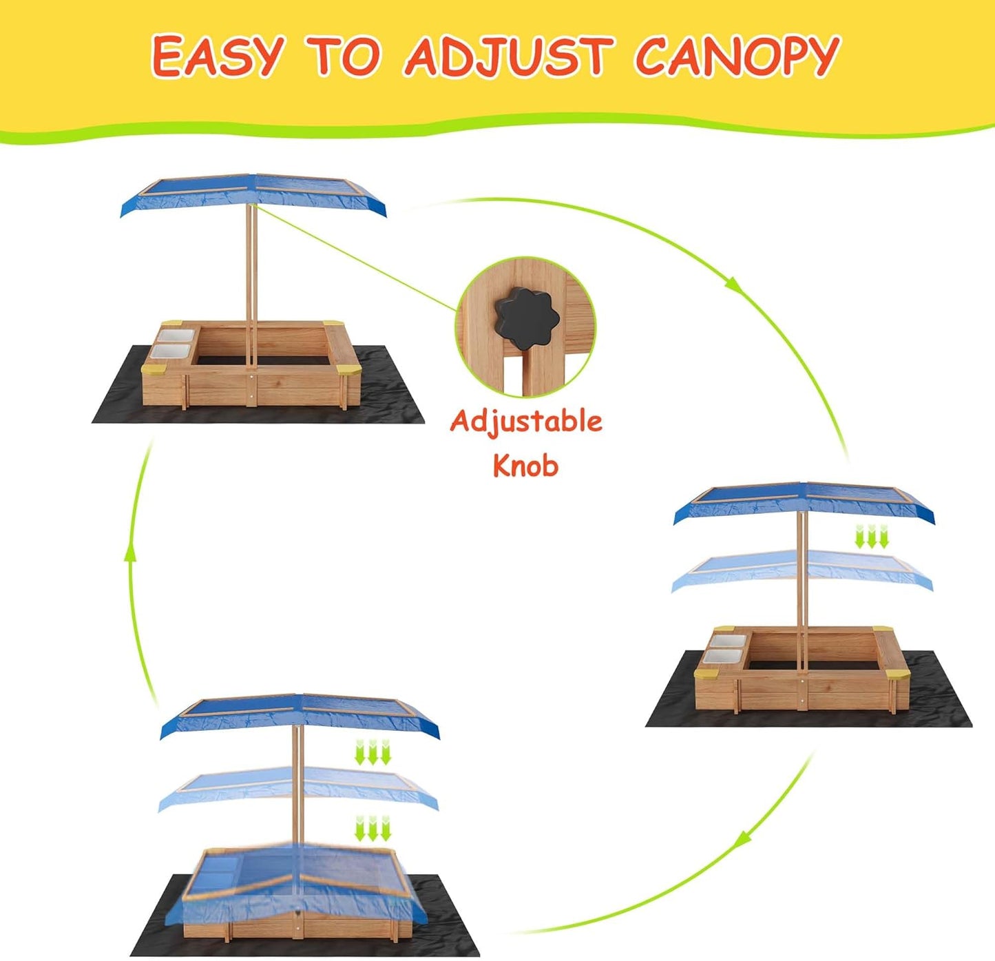 Garvee Kids Wooden Sandbox With 2 Plastic Boxes, Adjustable Canopy, Bottom Liner, 39.3 x 26.7"