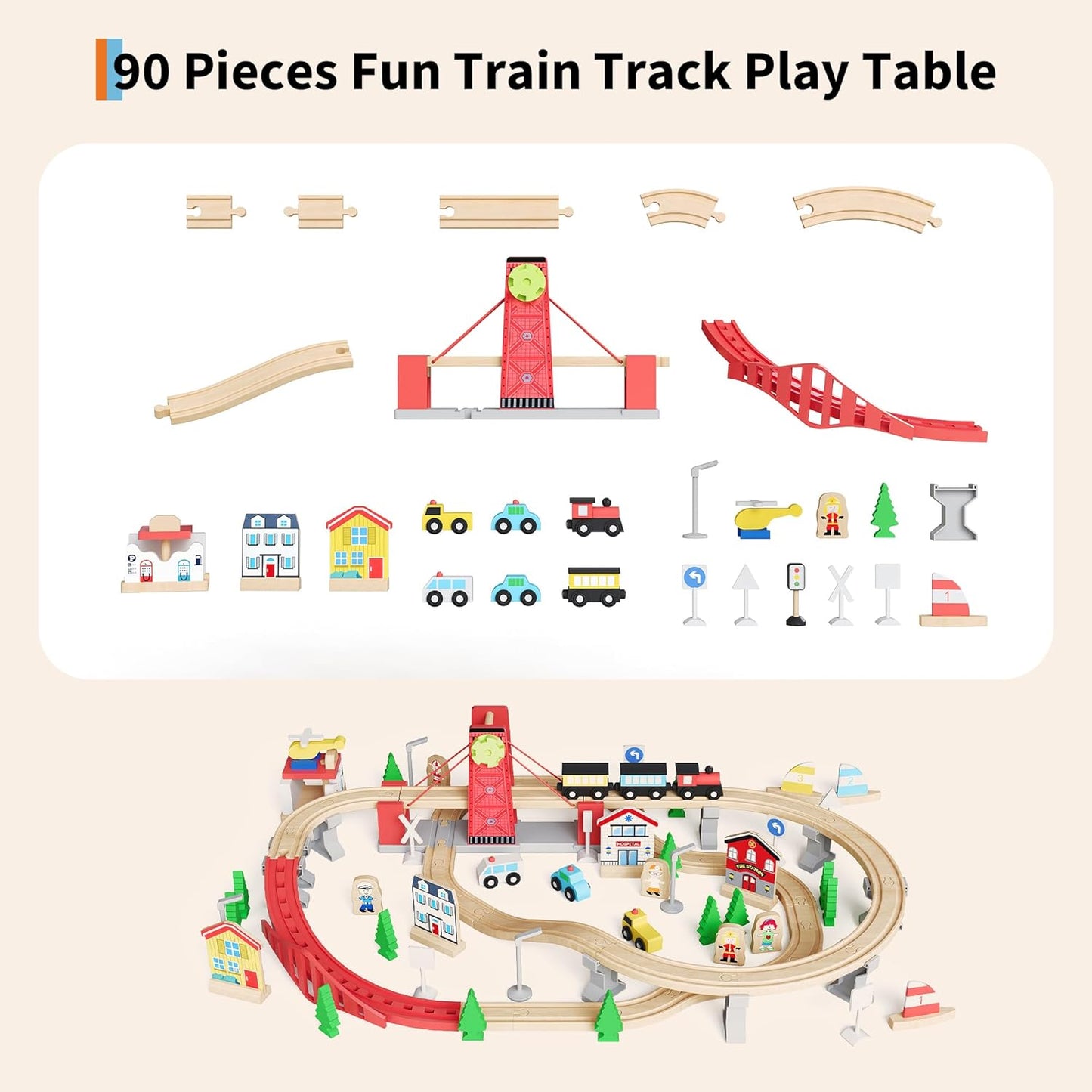 Garvee Wooden Train Table, 92 Piece Multicolor, 3 Storage Bins, 36.22 x 25.2 x 15.75"