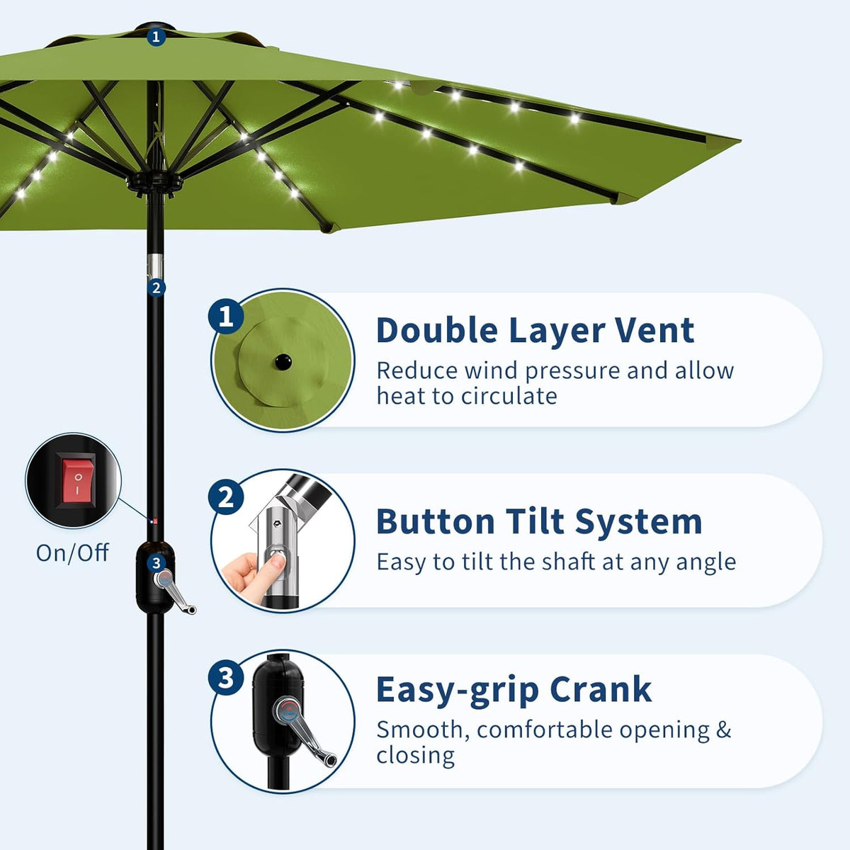 Riedhoff 9 feet Patio Umbrella with 32 LED Solar Lights, 8 Ribs, Tilt Crank