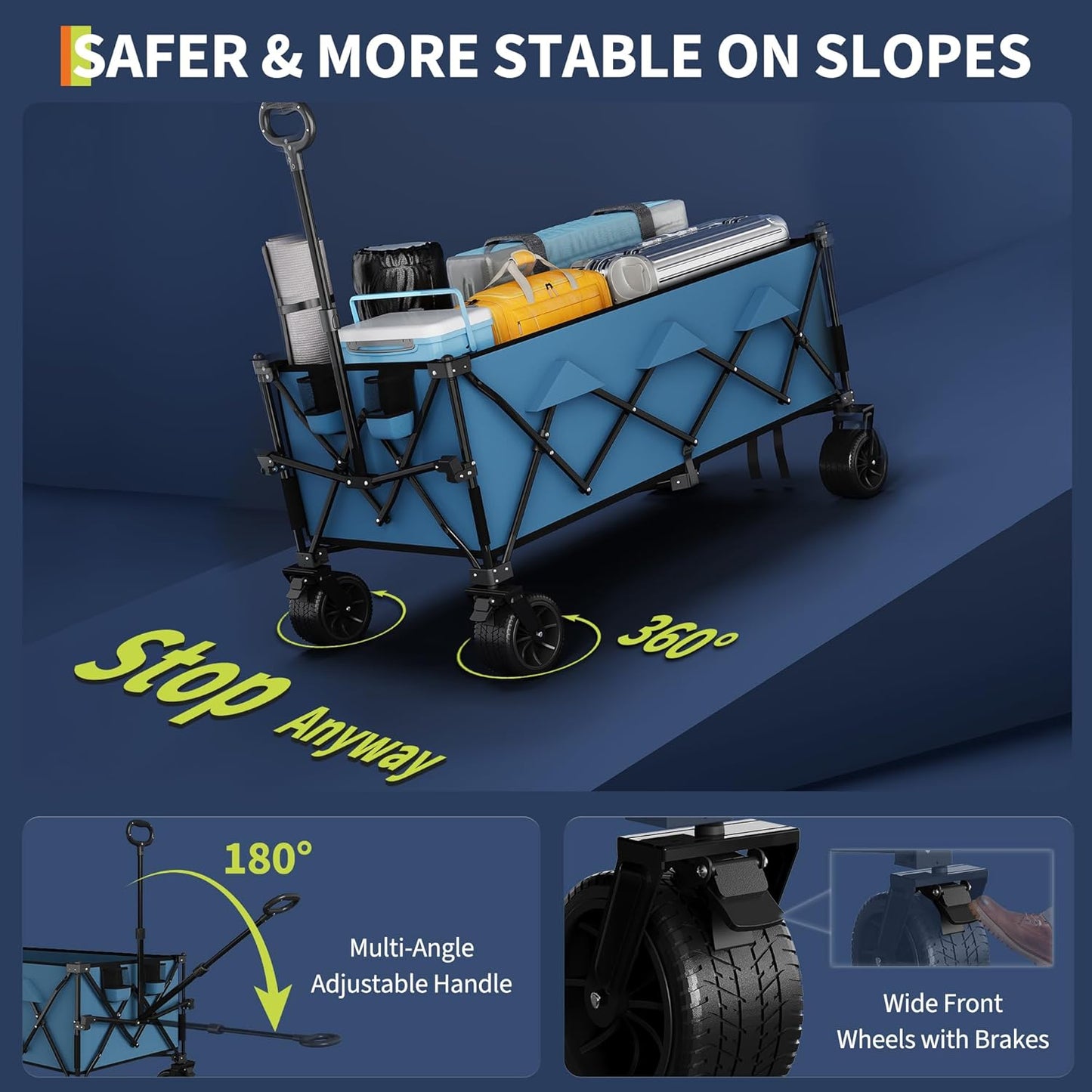 Garvee Extra Long Collapsible Wagons Carts, 54 x 29 x 42", All Terrain Wheels, Cup Holders