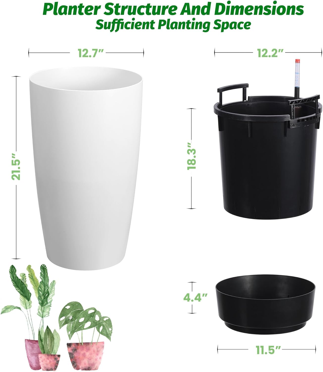 Riedhoff 21.5" Tall Round Planter Pots with Water Level Monitor, Self-Watering, 2 Count