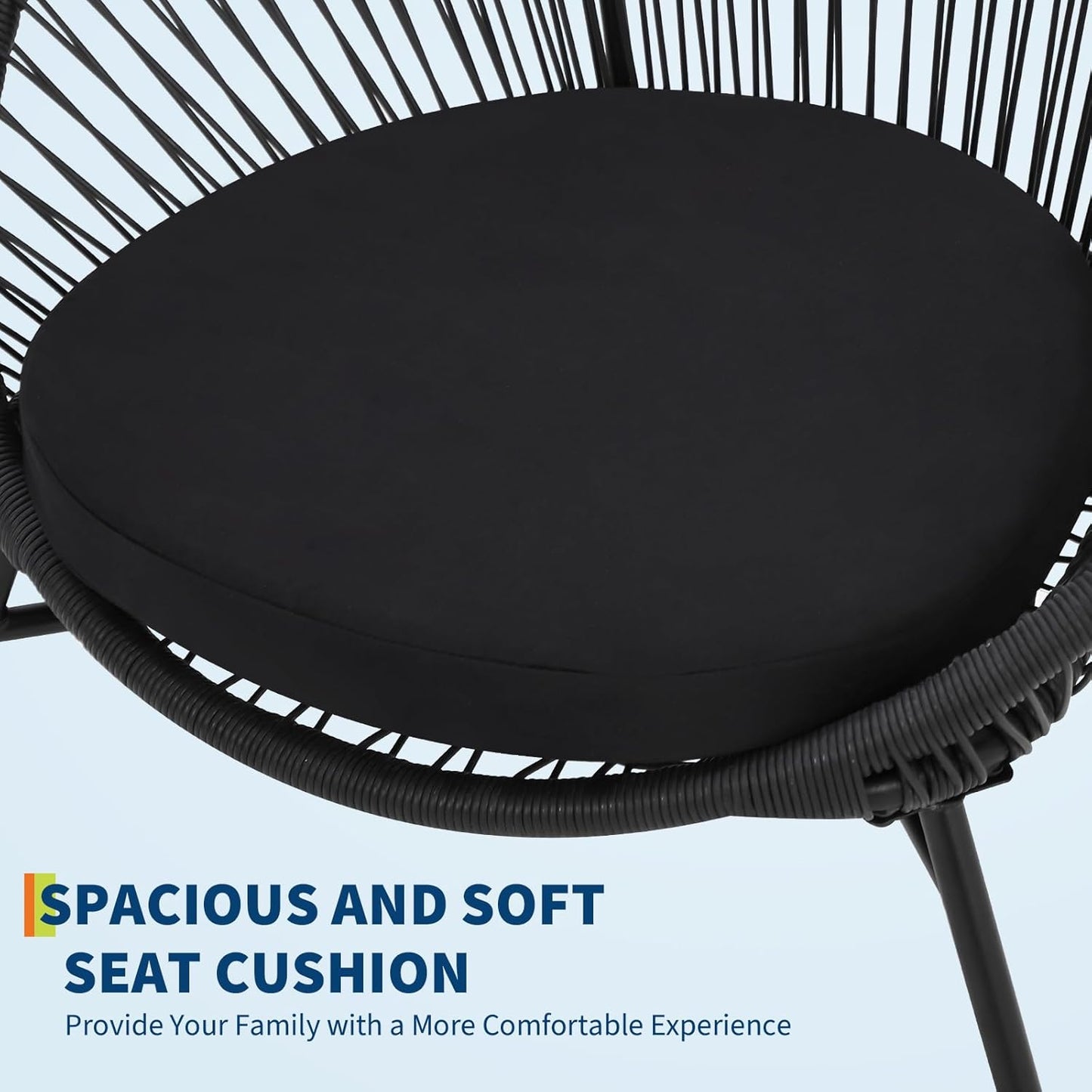 Garvee 3 Piece Patio Bistro Set, Acapulco Chairs with Cushions & Glass Top Side Table, Black
