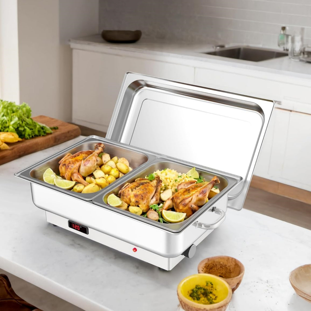 Riedhoff 9 qt Stainless Steel Electric Chafing Dish, with 2 Half-Size Pans and Lid, Silver