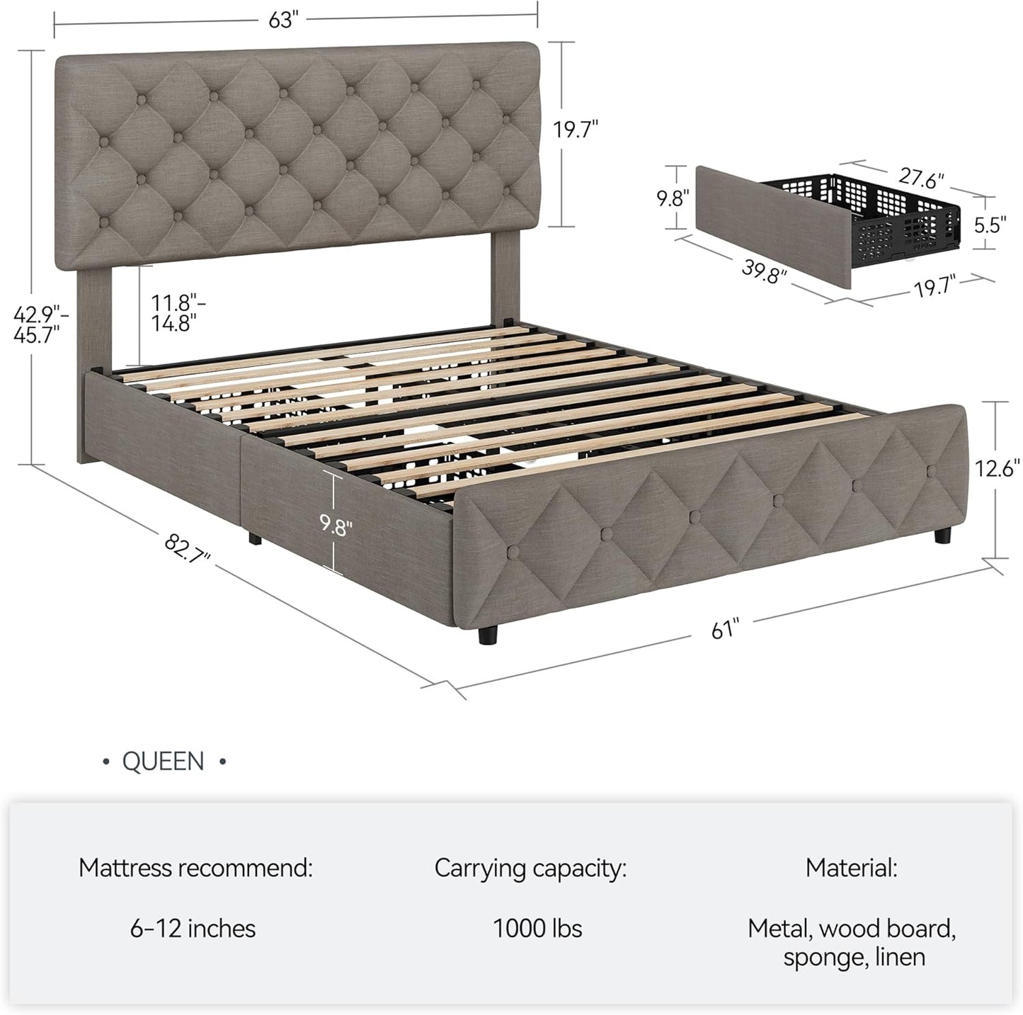 GARVEE Bed Frame with 4 Storage Drawers & Adjustable Headboard