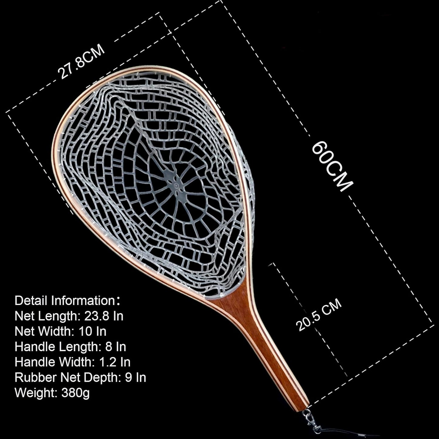 Riedhoff Wooden Handle Fly Fishing Net, with Durable Clear Rubber Net, 24" x 11" x 10"