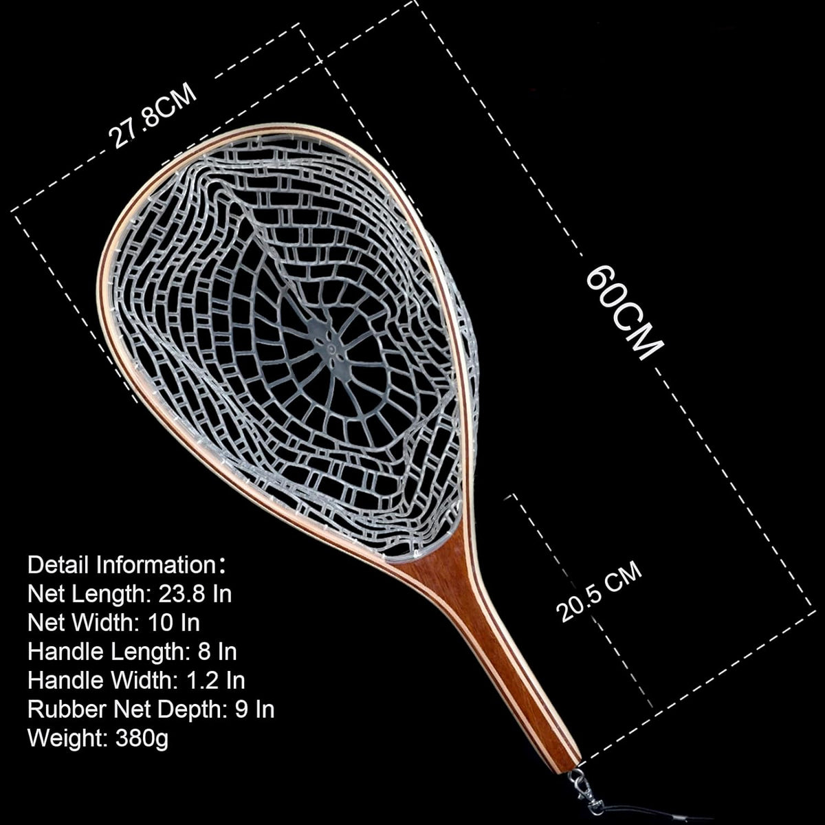 Riedhoff Wooden Handle Fly Fishing Net, with Durable Clear Rubber Net, 24" x 11" x 10"