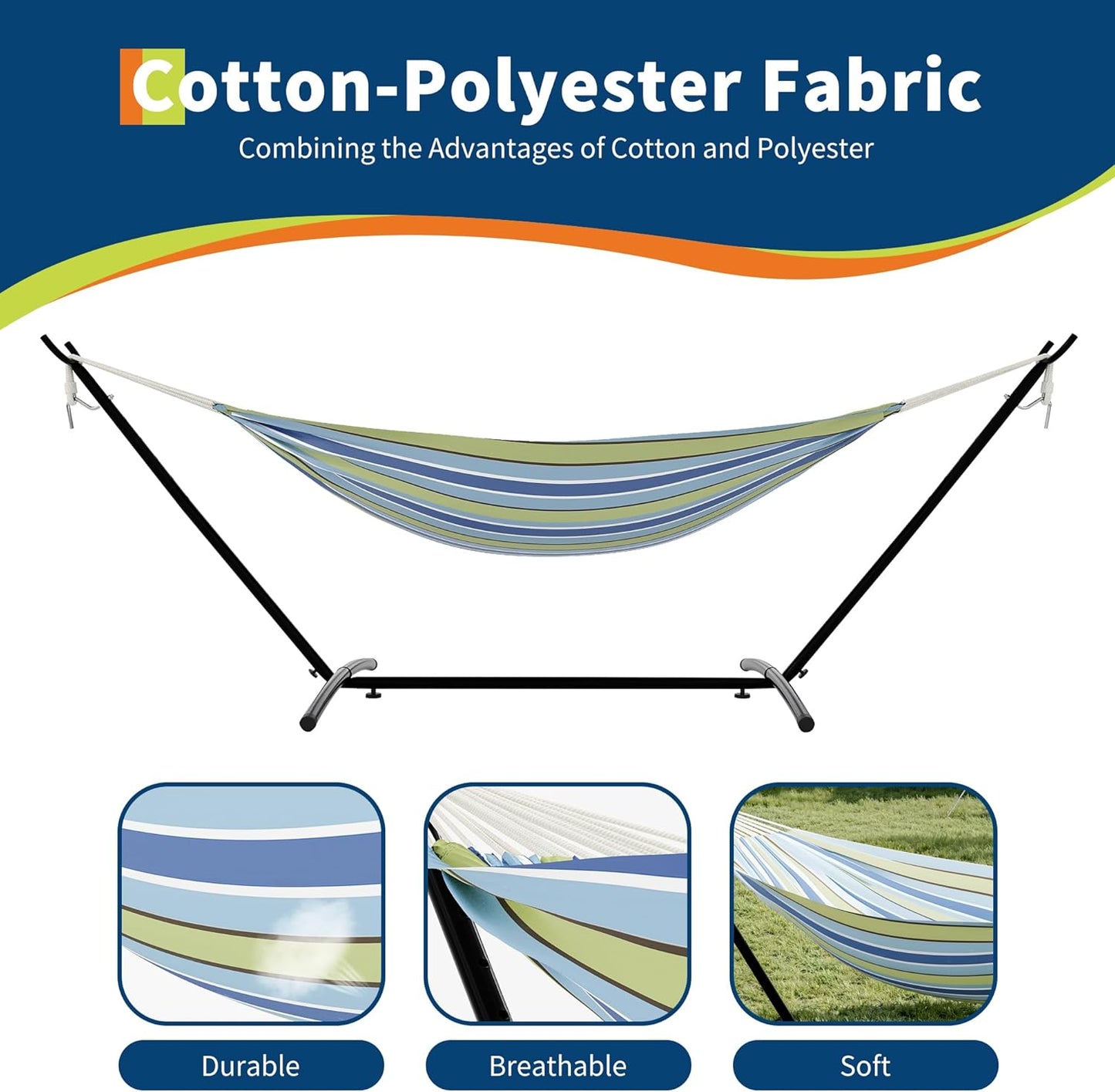 Riedhoff Double Hammock 107.5 x 42.9 x 39.3", for 2-Persons, with Steel Stand