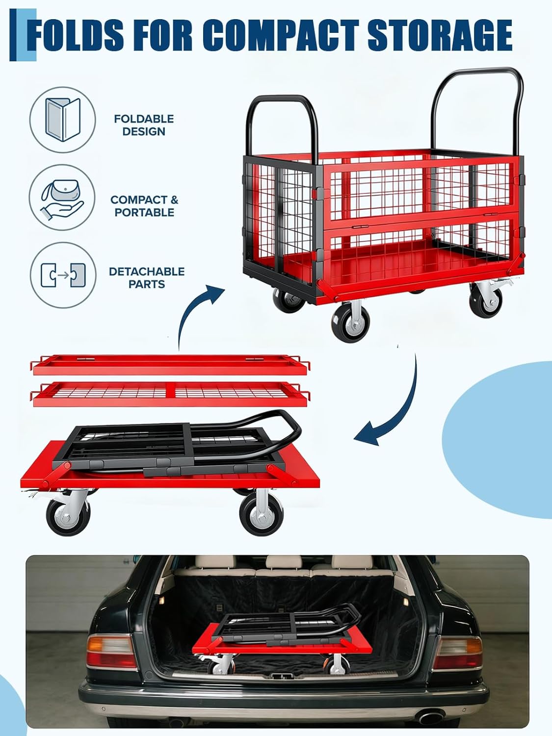 Garvee Foldable Platform Truck Cart, 39 x 26 x 42", with Cage Platform Truck,1800 lbs Max