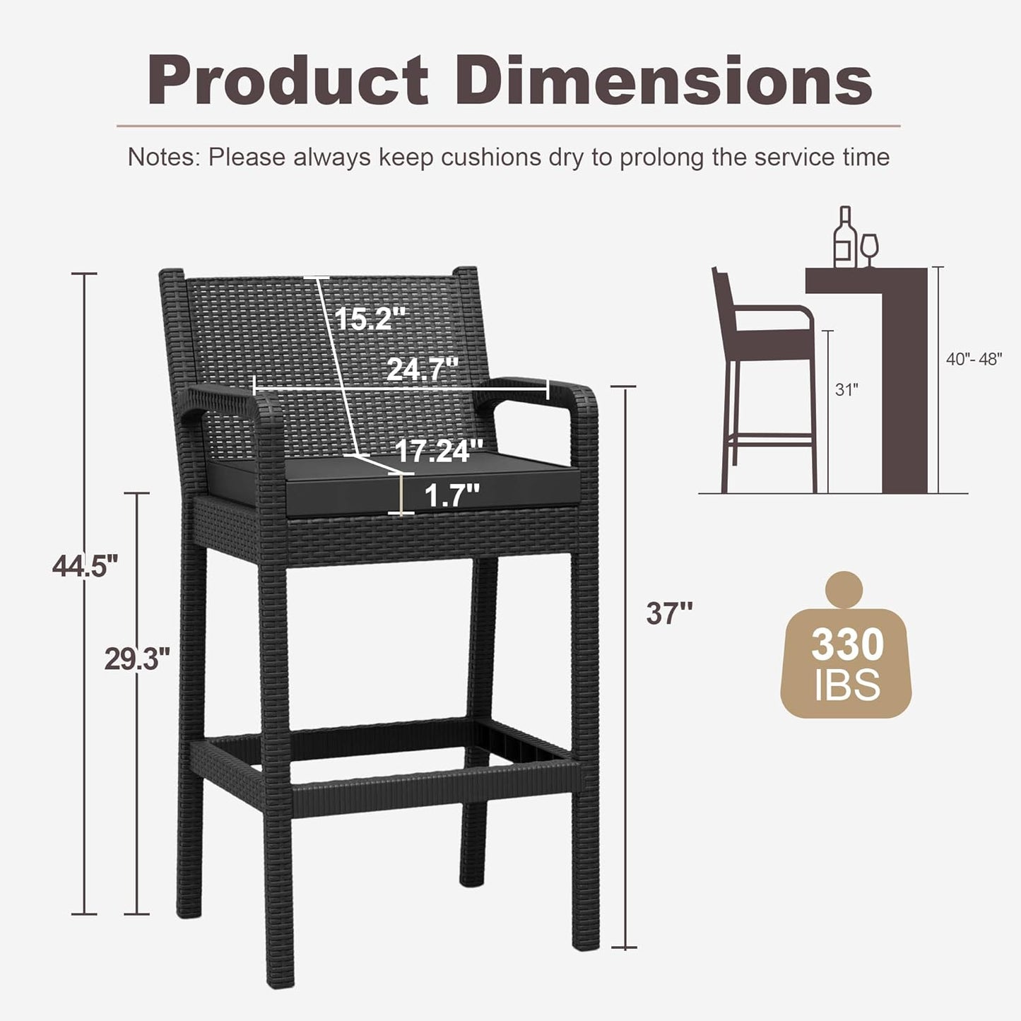 Garvee Patio Bar Stools Wicker Barstools, Set of 2, with Footrest & Armrest, 24.7 x 17.24 x 44.5"