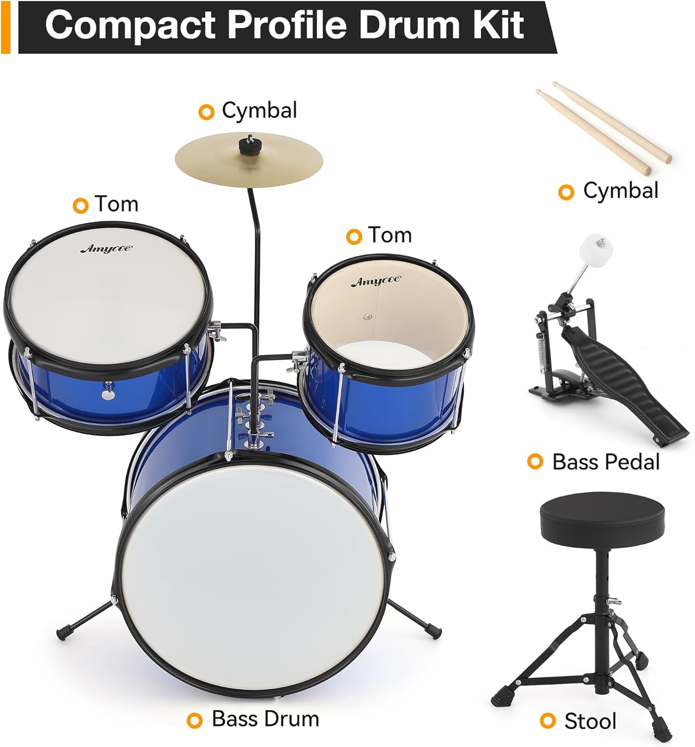 Garvee 3 Piece Beginner Drum Set for Kids Juniors, with Drum Sticks & Drum Throne Seat