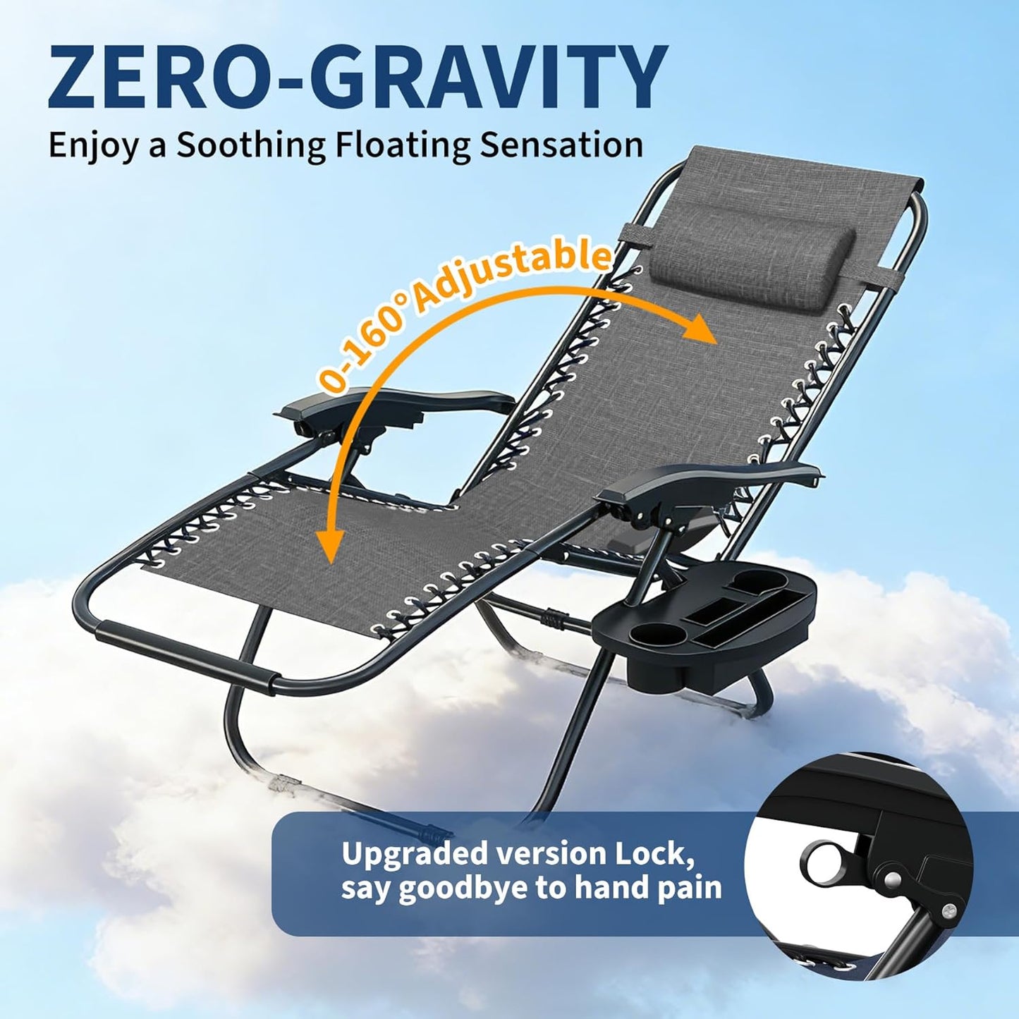 Garvee Adjustable Zero Gravity Lounge Chair Set of 2, Pillow & Cup Holder Tray