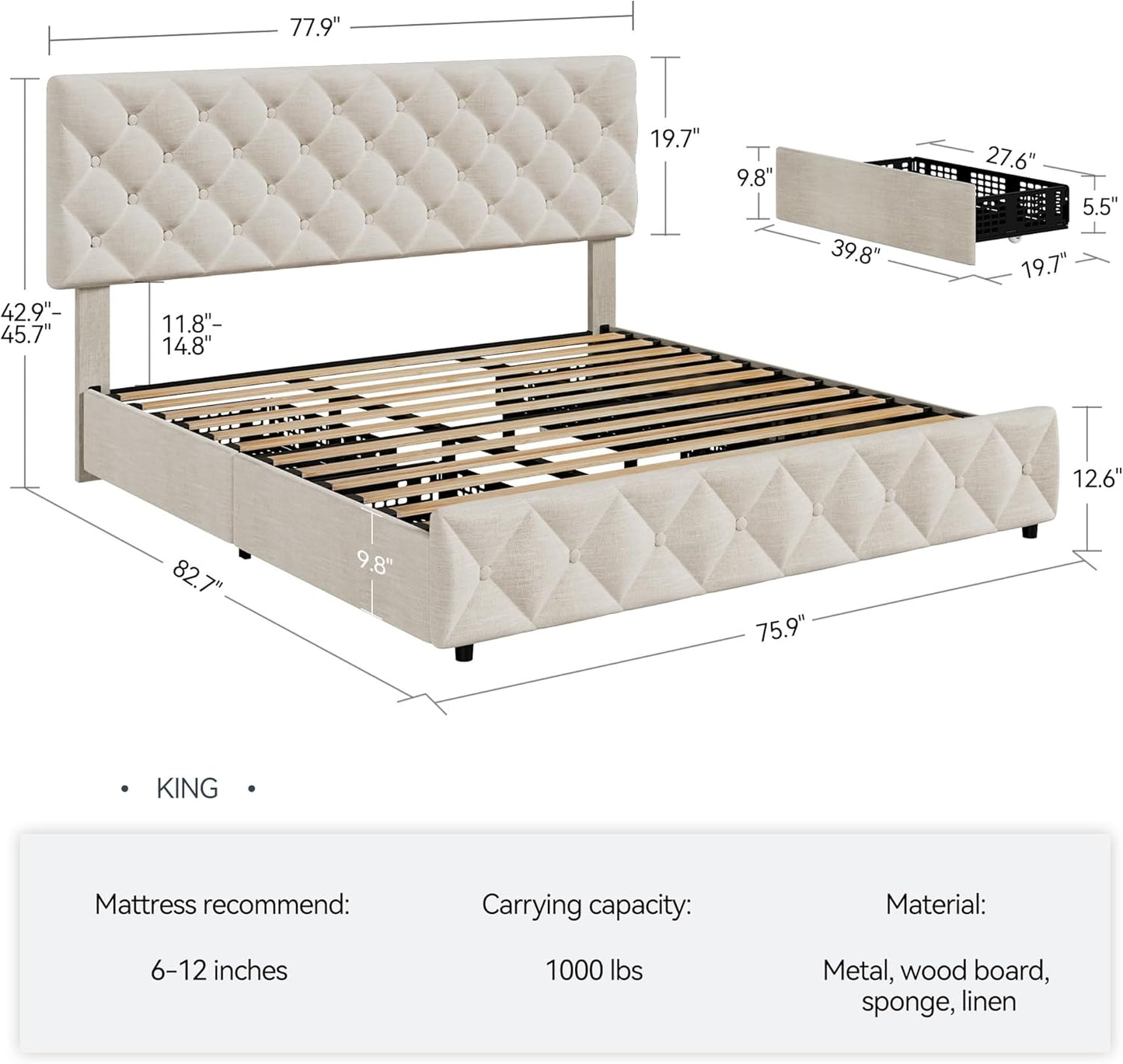 GARVEE Bed Frame with 4 Storage Drawers & Adjustable Headboard