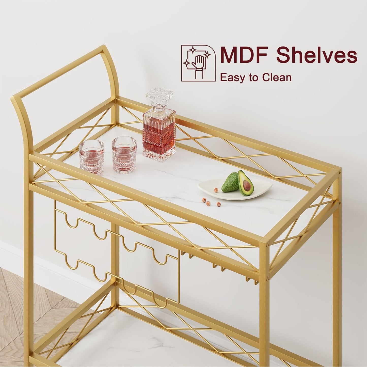 Garvee Bar Serving Cart, with 2-Tier Storage Shelves, Wine Rack, Glass Holder, Golden