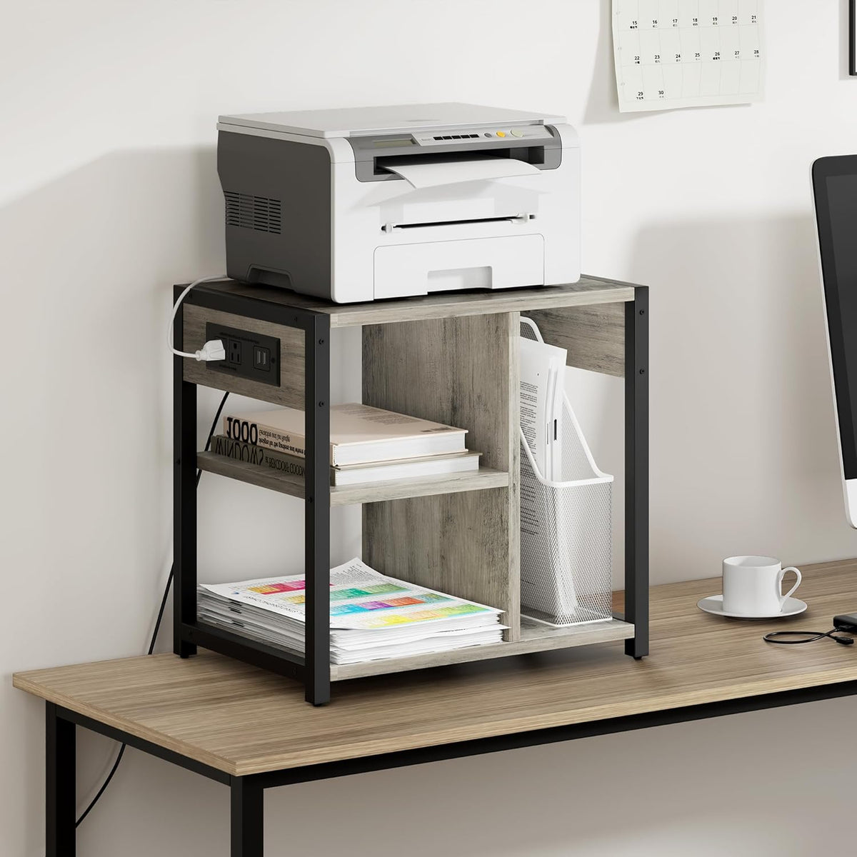 Garvee Rolling Printer Table, 3 Tiers, 17.3 x 11.8 x 18.1", with Lockable Wheels & Power Outlets