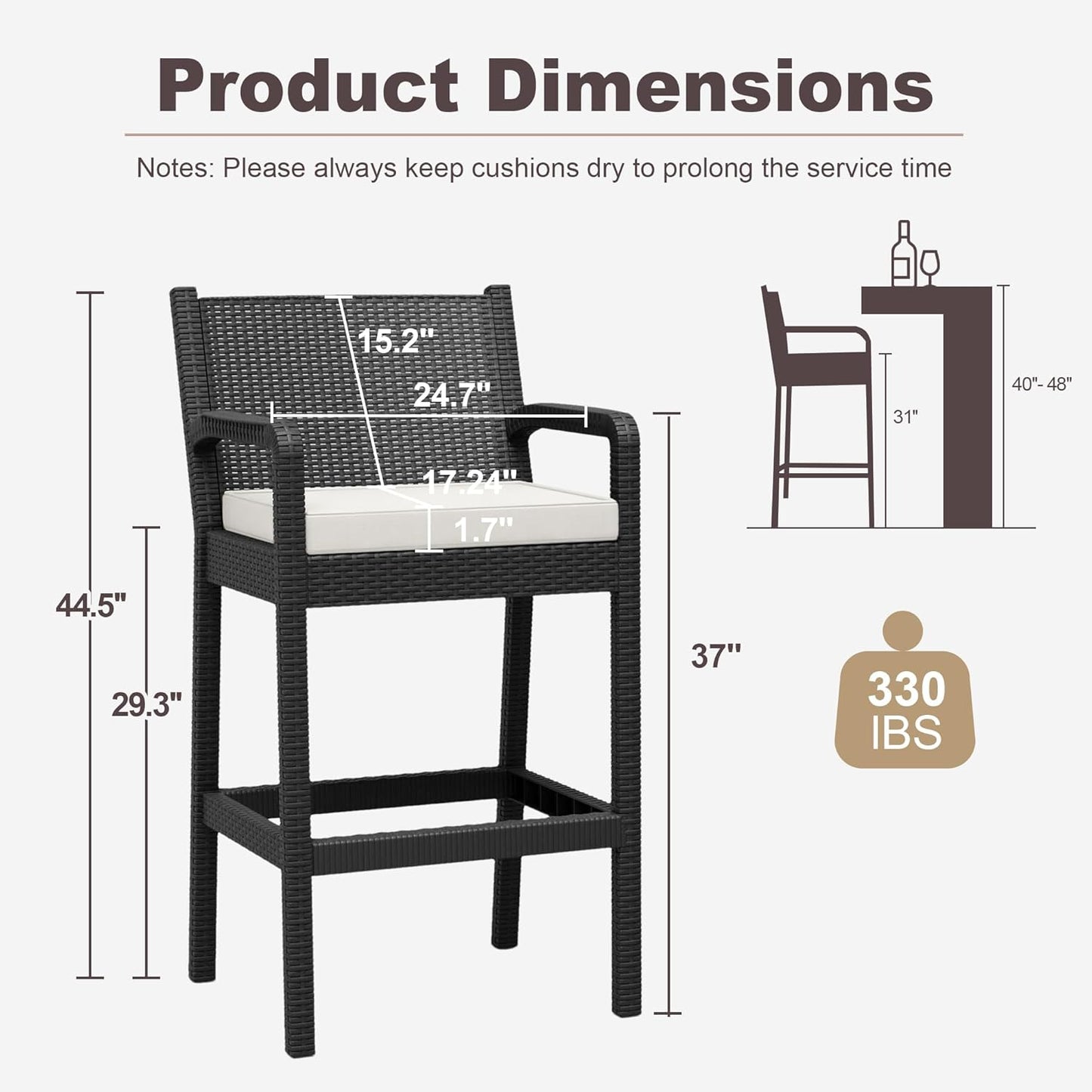 Garvee Patio Bar Stools Wicker Barstools, Set of 2, with Footrest & Armrest, 24.7 x 17.24 x 44.5"