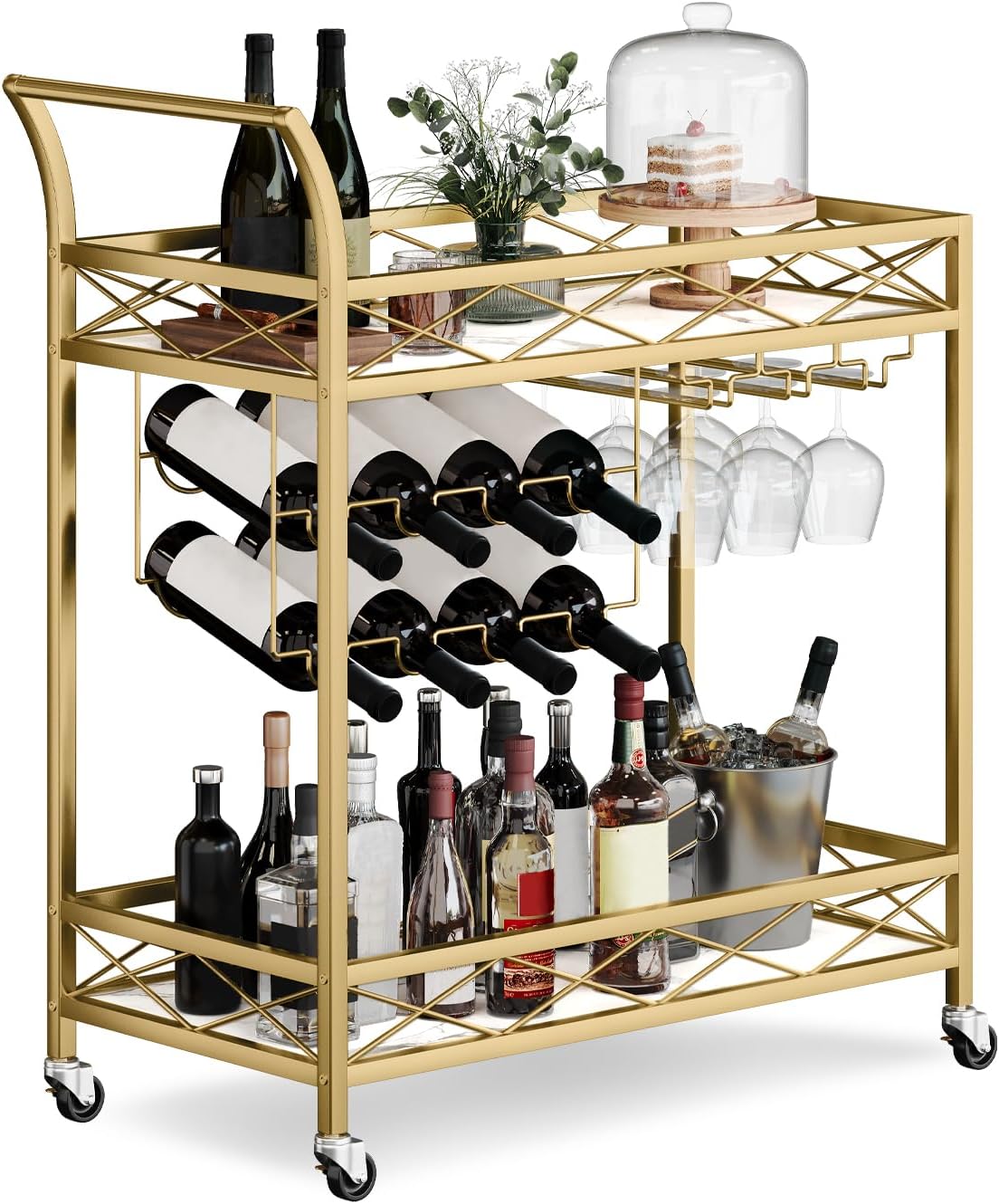 Garvee Bar Serving Cart, with 2-Tier Storage Shelves, Wine Rack, Glass Holder, Golden