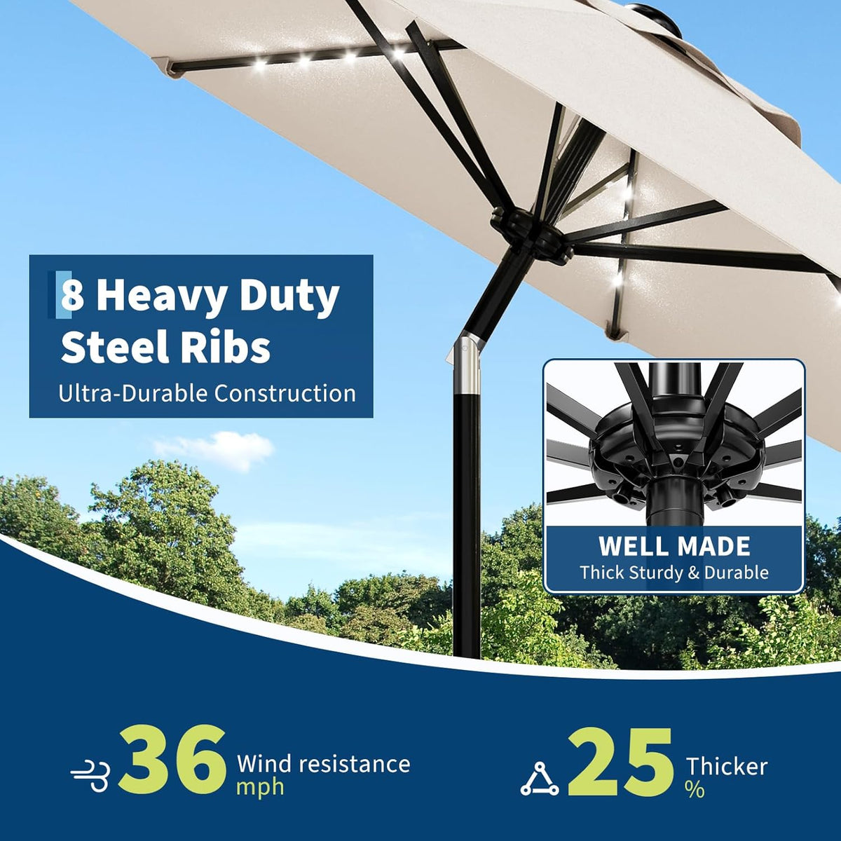 Riedhoff 9 feet Patio Umbrella with 32 LED Solar Lights, 8 Ribs, Tilt Crank