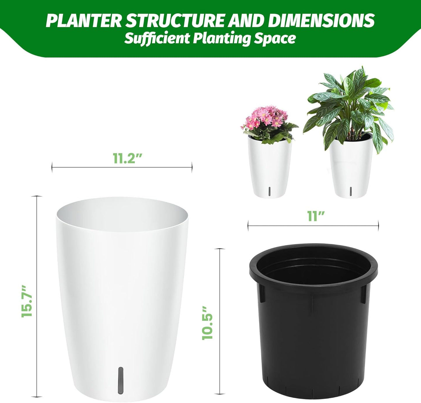 Riedhoff 15.7" Tall Round Planter Pots, Built-In Drainage, Self-Watering, 2 Count