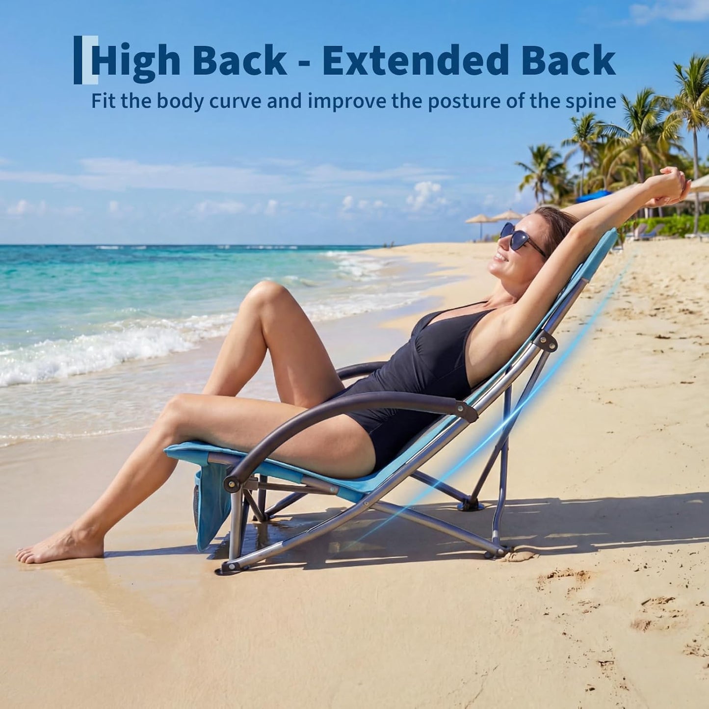 Garvee High Back Beach Chair, 28.2 x 23.5 x 32.3" with Cup Holder & Storage Pocket, Blue