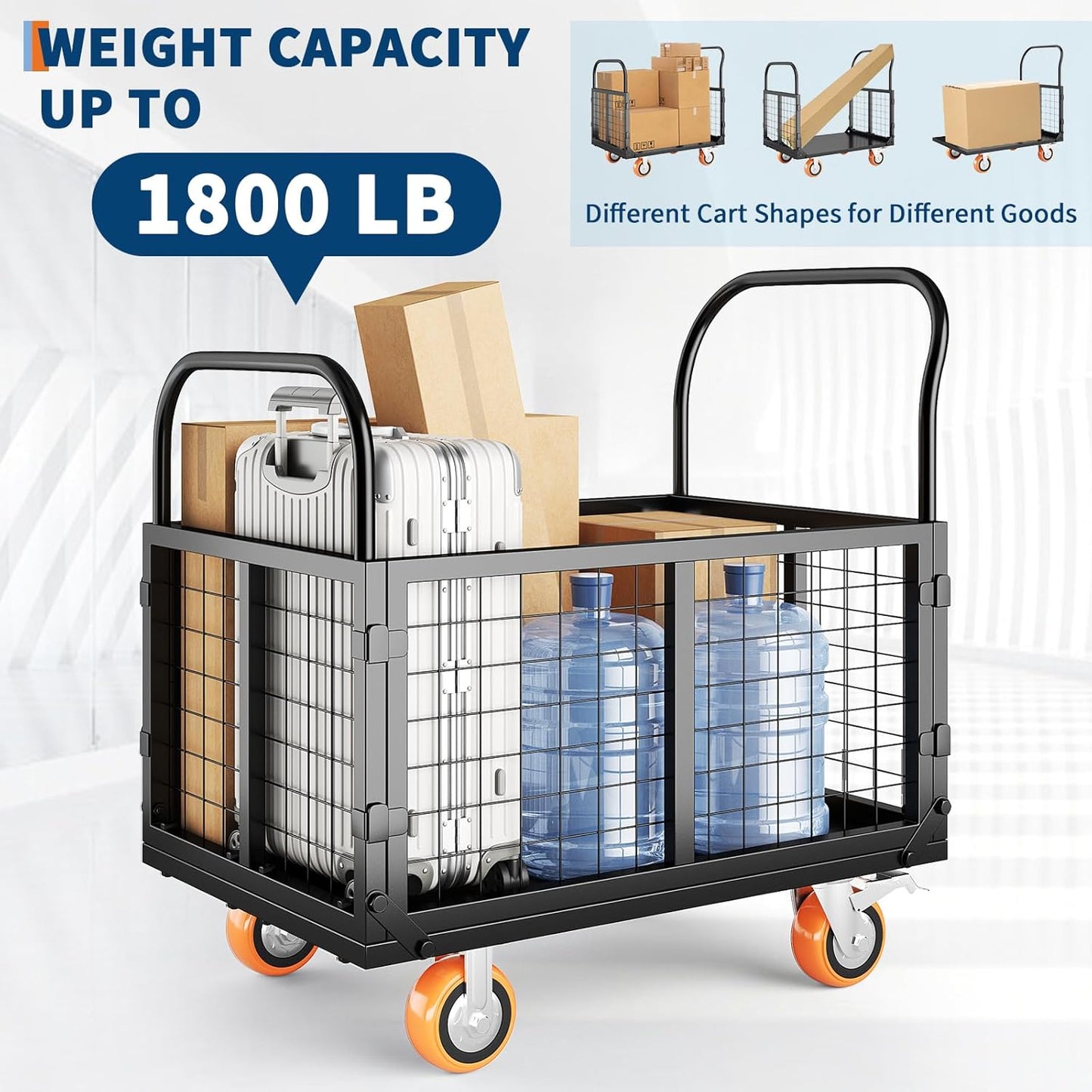 Garvee Foldable Platform Truck Cart, 39 x 26 x 42", with Cage Platform Truck,1800 lbs Max