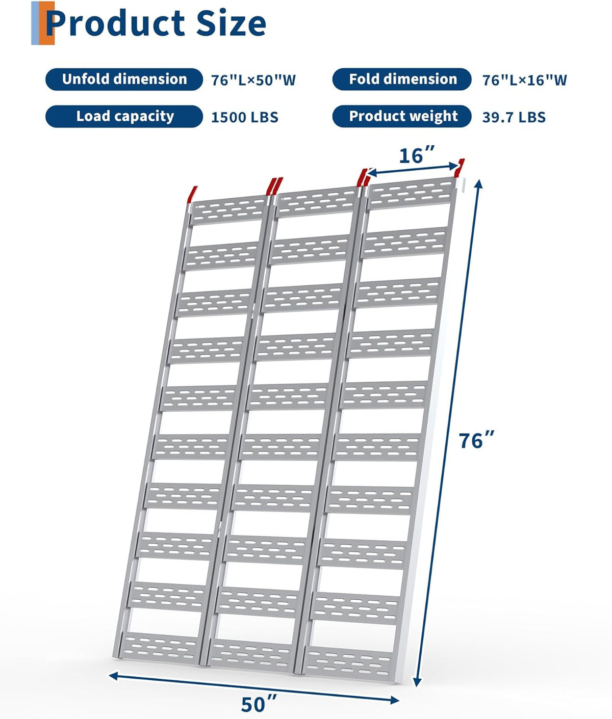 Riedhoff Tri-Fold Ramps, Atv Pickup Truck Ramps, 76" x 50", Silver