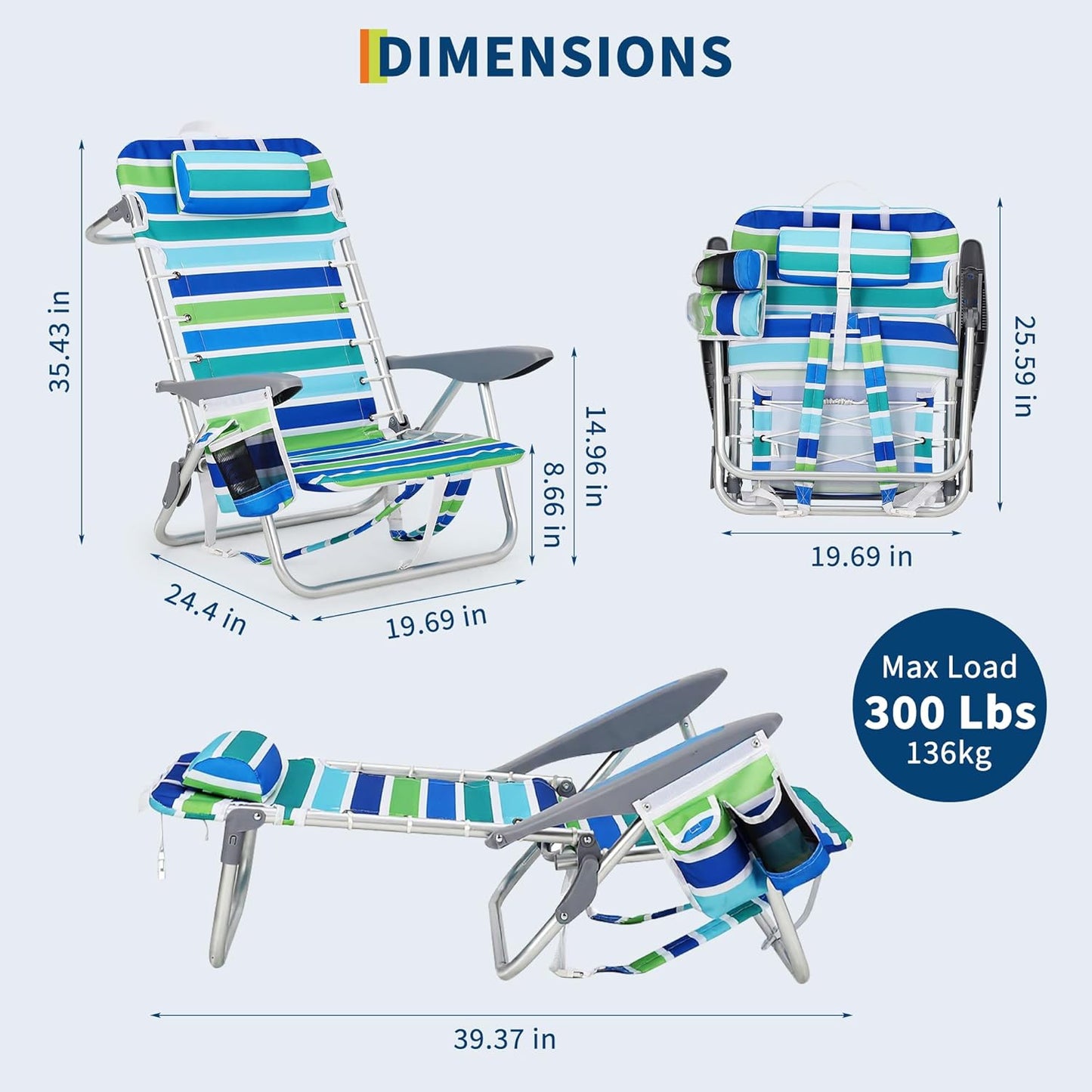 Riedhoff Portable Beach Chair with Adjustable Backrest and Cup Holders, Ocean Striped